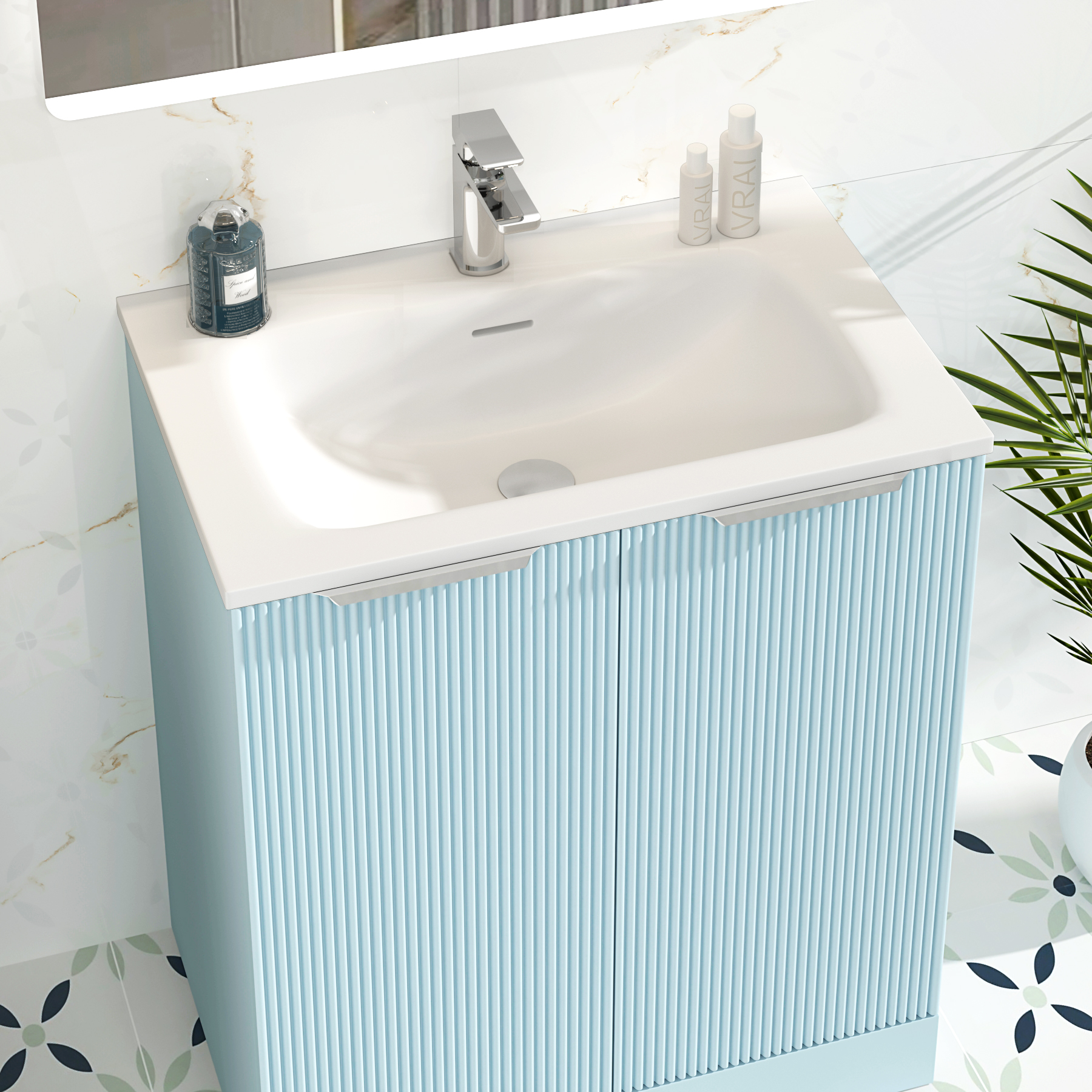Evora 700mm Powder Blue Fluted Floor Standing Vanity Unit 2 Door with Matt Stone Basin