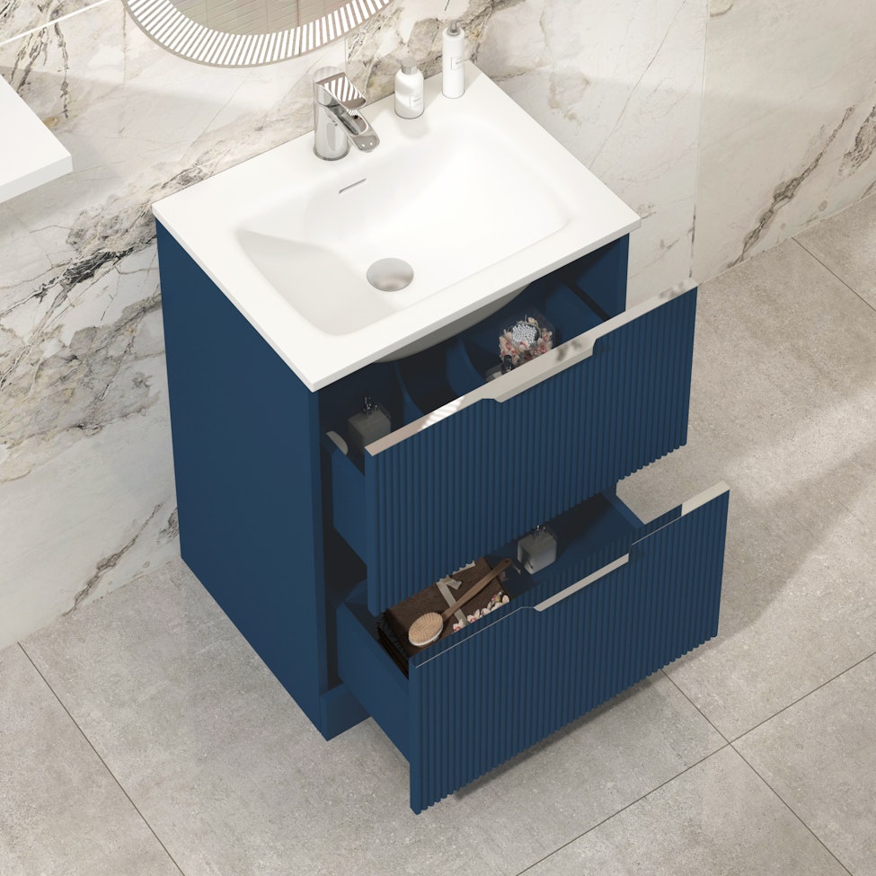 Evora 600mm Satin Blue Fluted Floor Standing Vanity Unit 2 Drawer with Undrilled Stone Basin