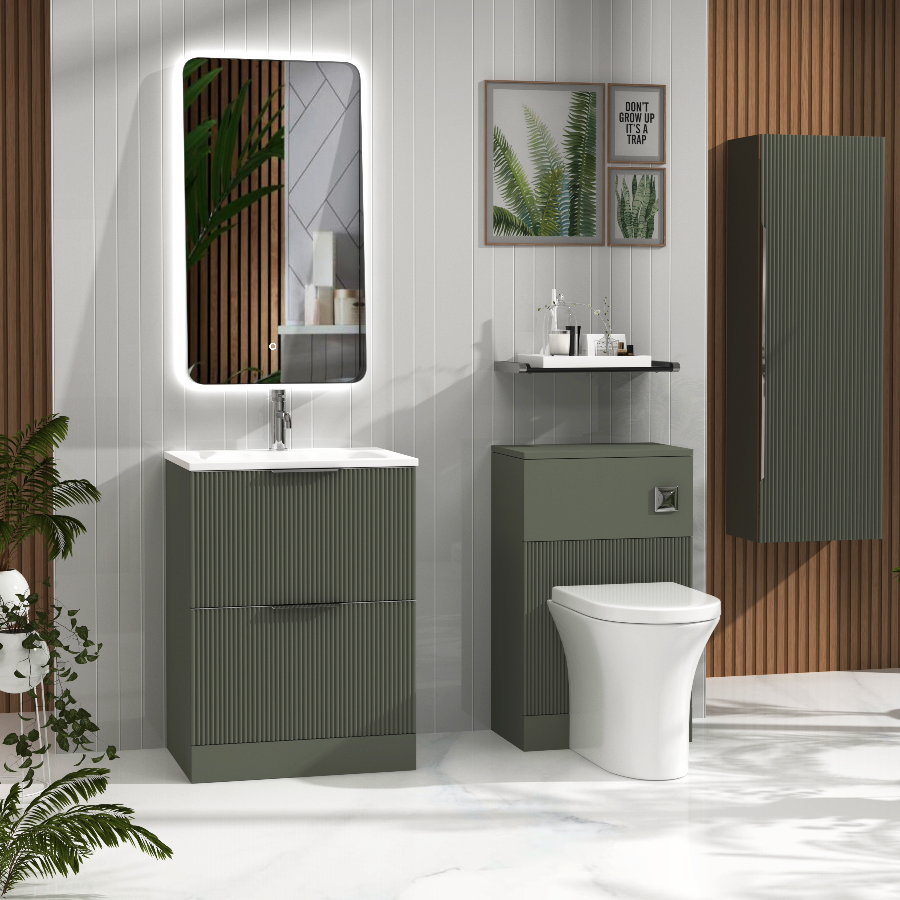 Evora Sage Green Fluted Floor Standing Vanity Unit 2 Drawer with Matt Stone Basin - Multiple Size