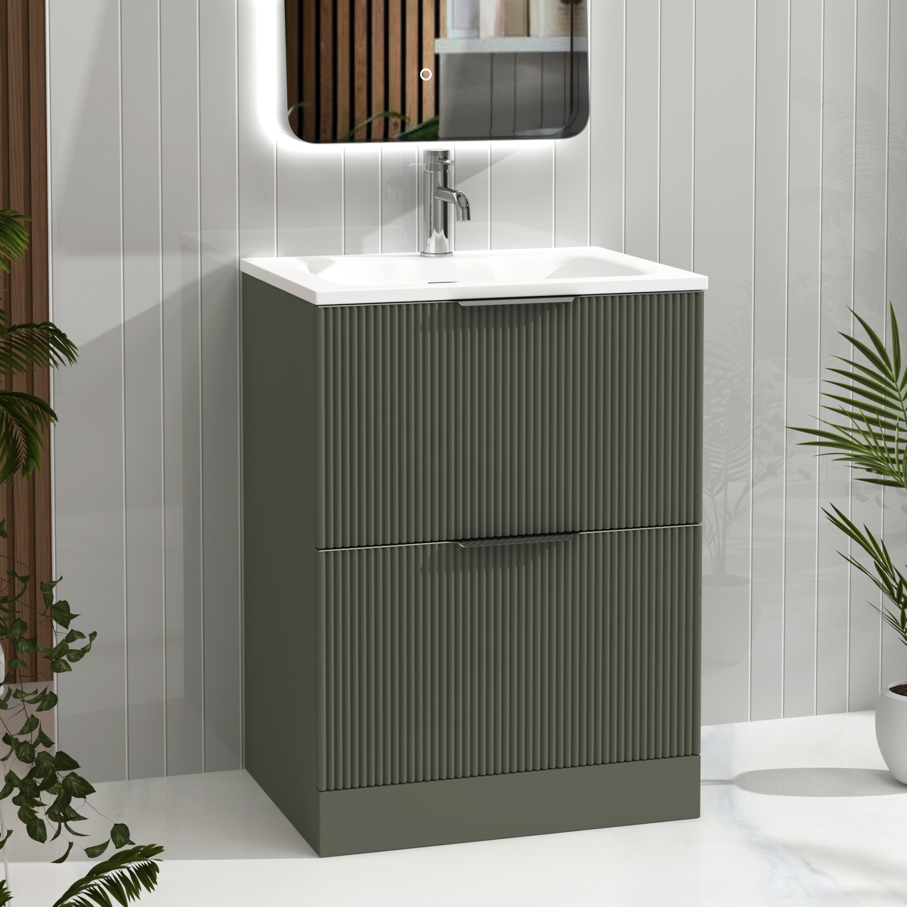 Evora Sage Green Fluted Floor Standing Vanity Unit 2 Drawer with Matt Stone Basin - Multiple Size