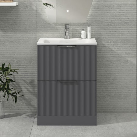 Evora 600mm Satin Grey Fluted Floor Standing Vanity Unit 2 Drawer with Undrilled Stone Basin
