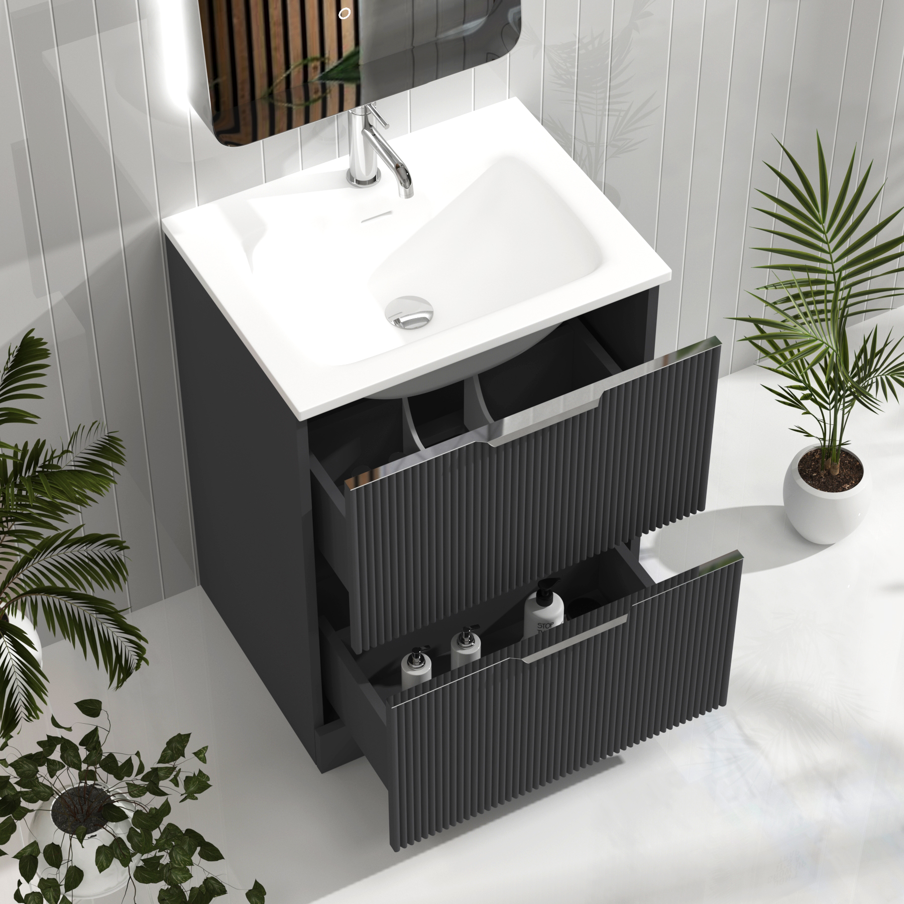 Evora Graphite Grey Fluted Floor Standing Vanity Unit 2 Drawer with Matt Stone Basin - Multiple Size
