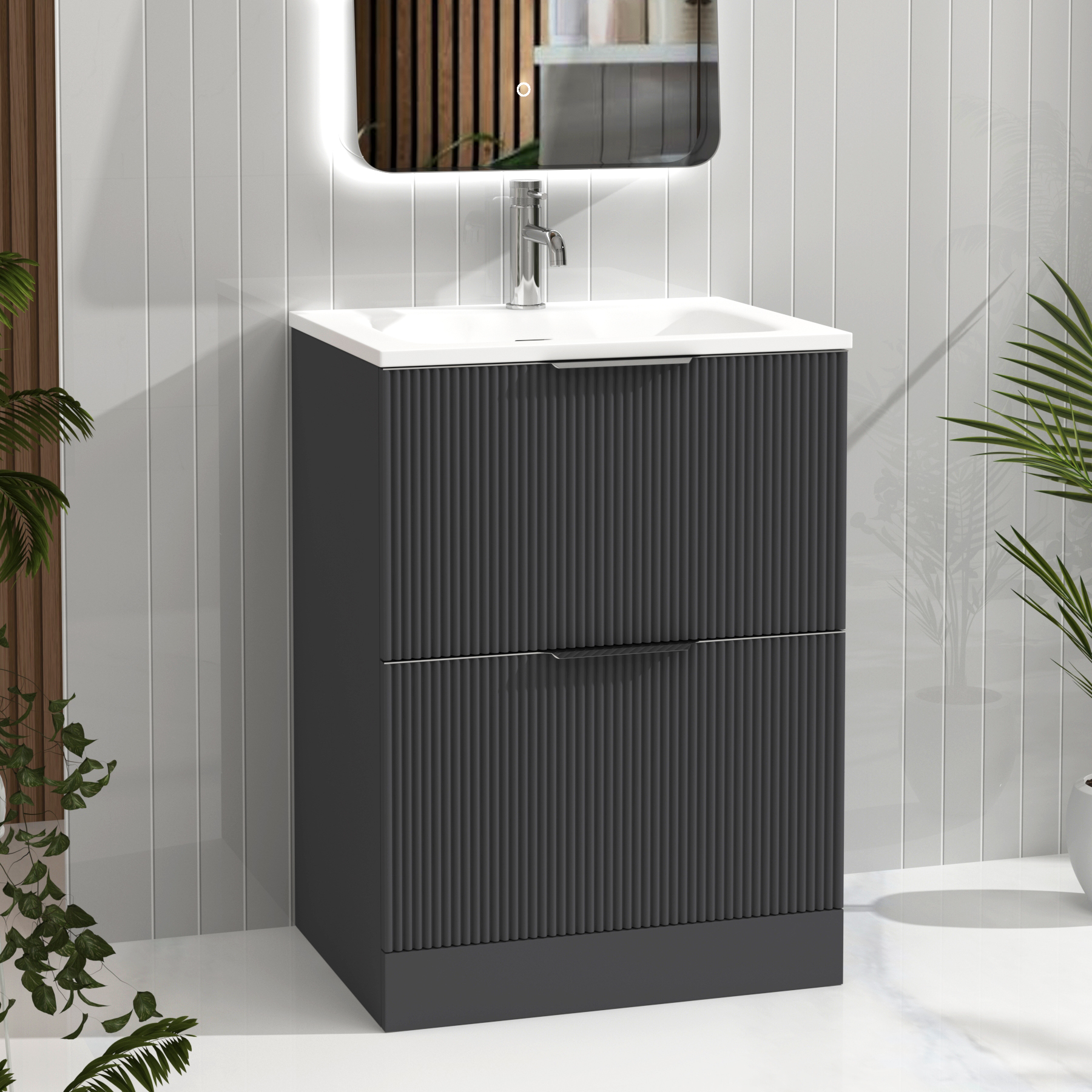 Evora Graphite Grey Fluted Floor Standing Vanity Unit 2 Drawer with Matt Stone Basin - Multiple Size