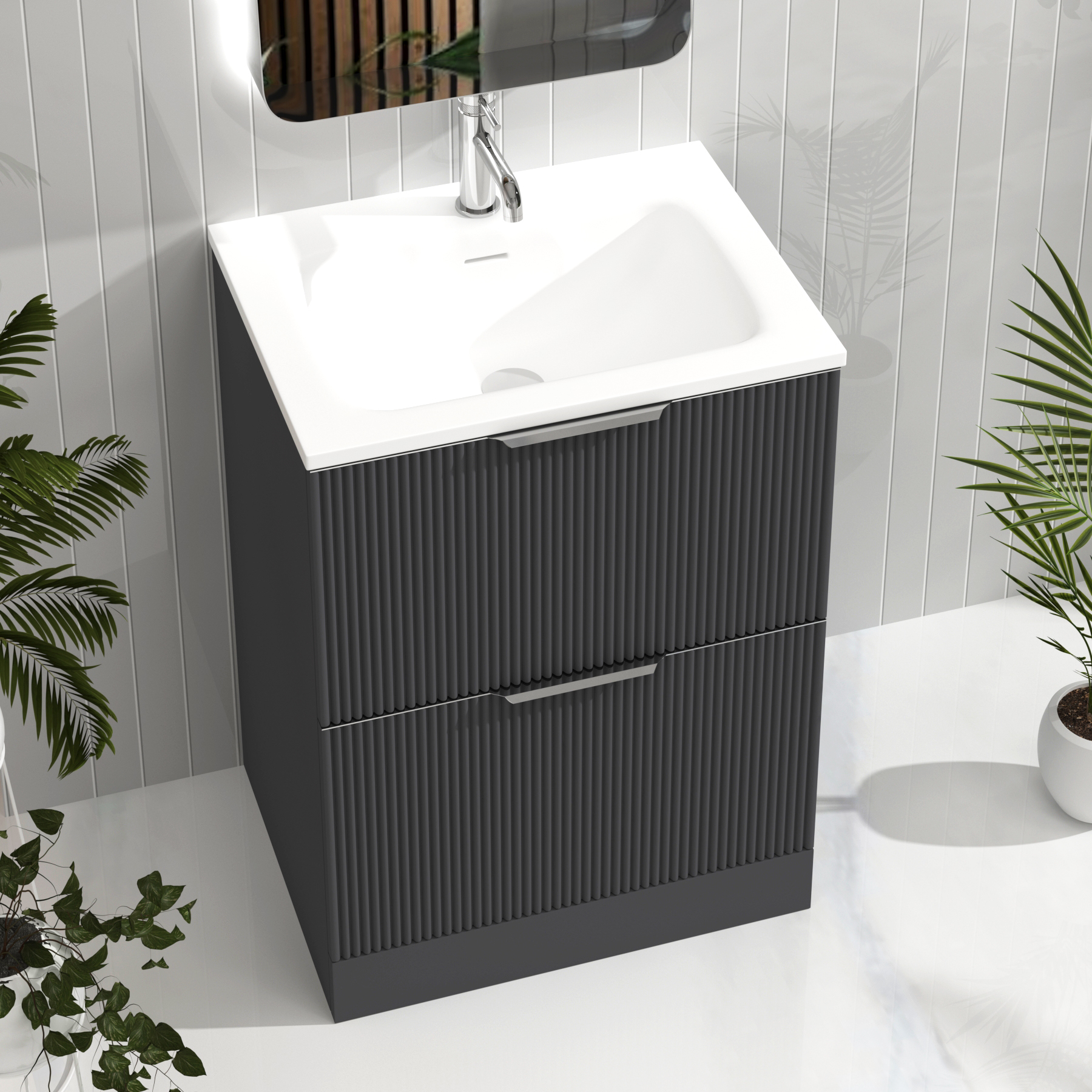 Evora Graphite Grey Fluted Floor Standing Vanity Unit 2 Drawer with Matt Stone Basin - Multiple Size