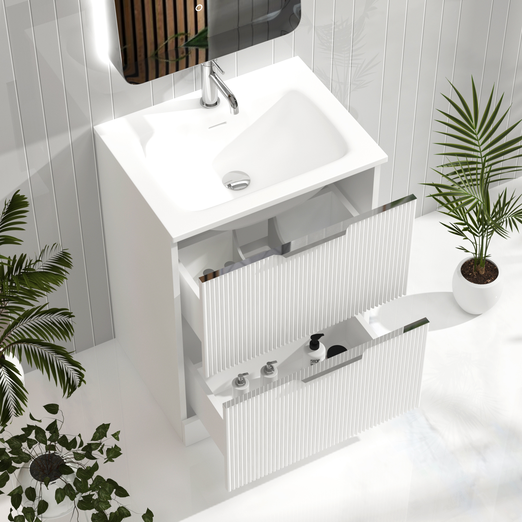 Evora Matt White Fluted Floor Standing Vanity Unit 2 Drawer with Matt Stone Basin - Multiple Size