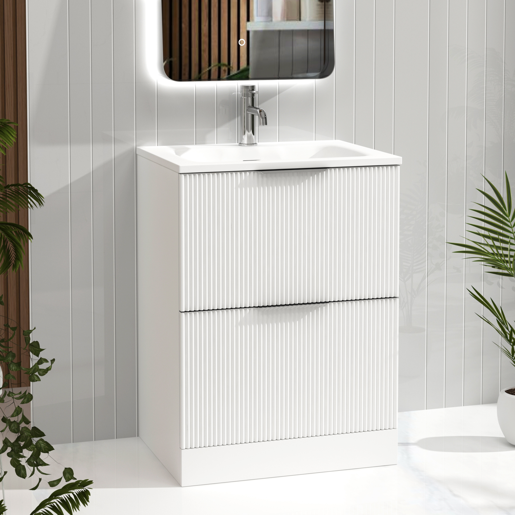 Evora Matt White Fluted Floor Standing Vanity Unit 2 Drawer with Matt Stone Basin - Multiple Size