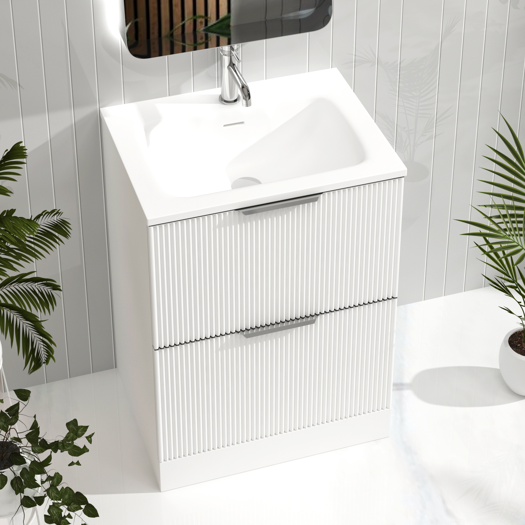 Evora Matt White Fluted Floor Standing Vanity Unit 2 Drawer with Matt Stone Basin - Multiple Size