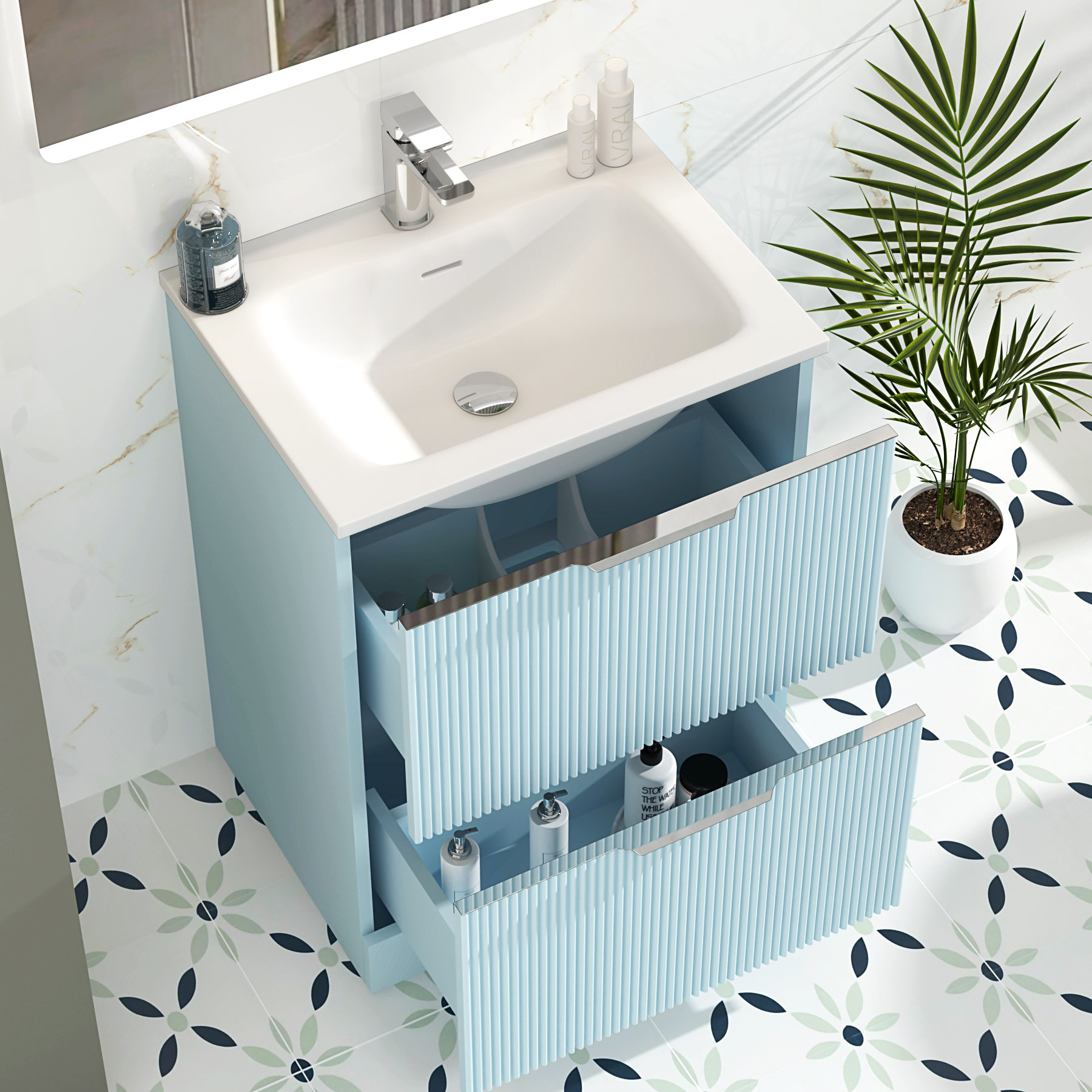 Evora Powder Blue Fluted Floor Standing Vanity Unit 2 Drawer with Matt Stone Basin - Multiple Size
