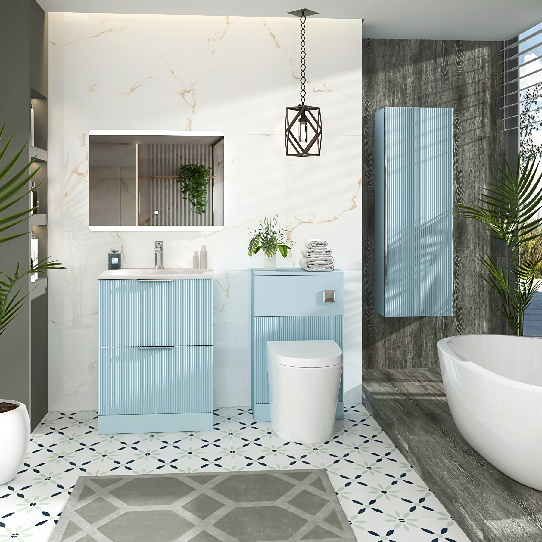 Evora Powder Blue Fluted Floor Standing Vanity Unit 2 Drawer with Matt Stone Basin - Multiple Size