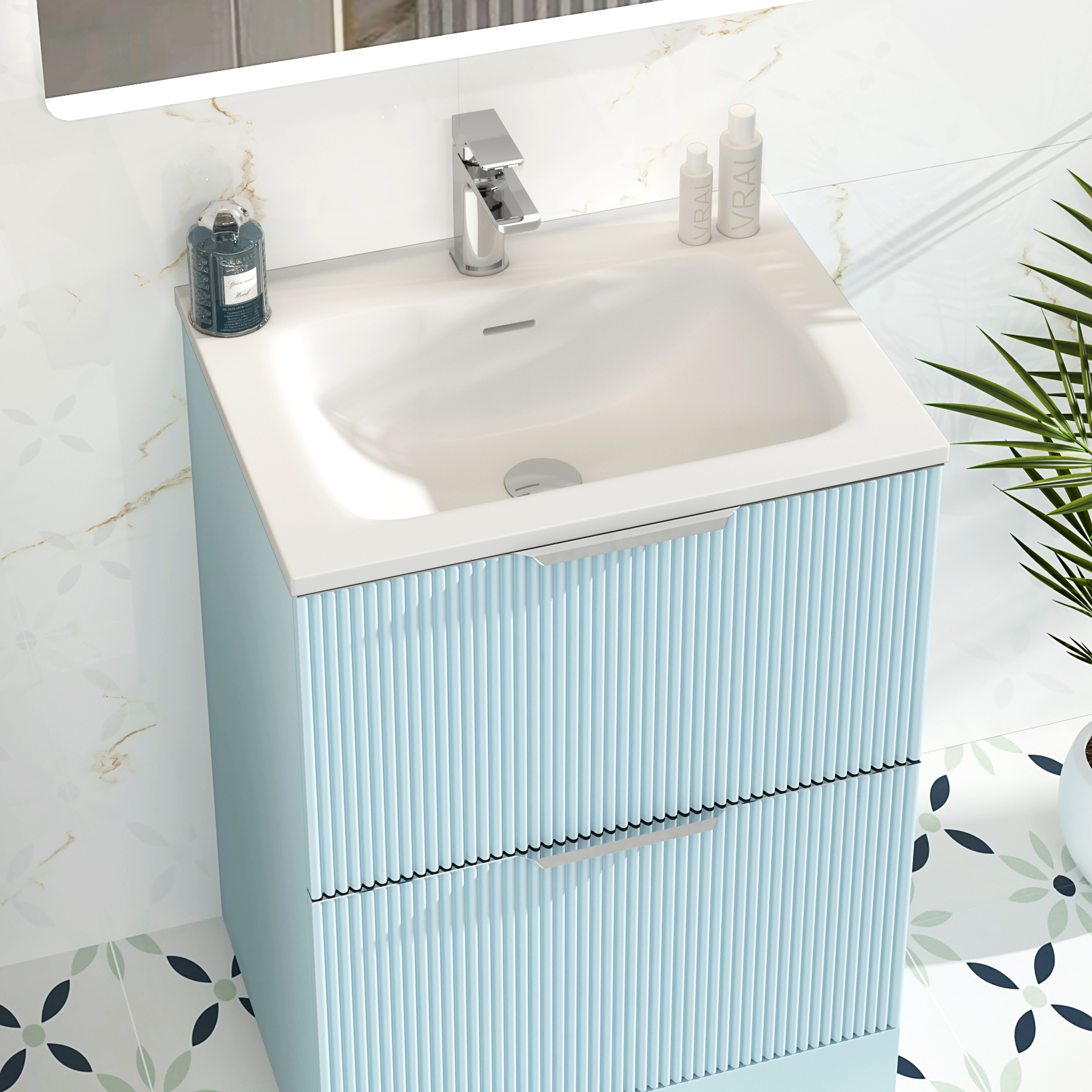 Evora Powder Blue Fluted Floor Standing Vanity Unit 2 Drawer with Matt Stone Basin - Multiple Size