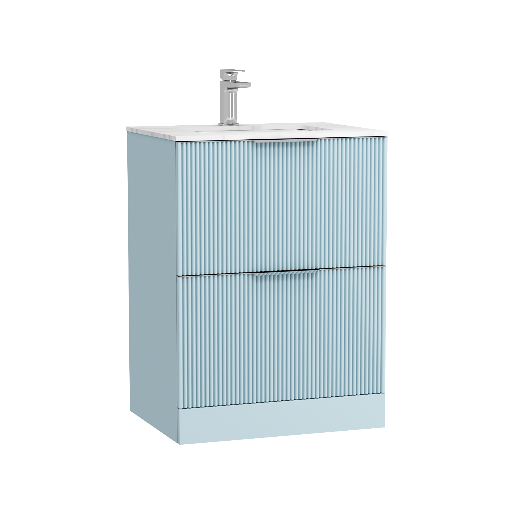 Evora Powder Blue Fluted Floor Standing Vanity Unit 2 Drawer with Matt Stone Basin - Multiple Size