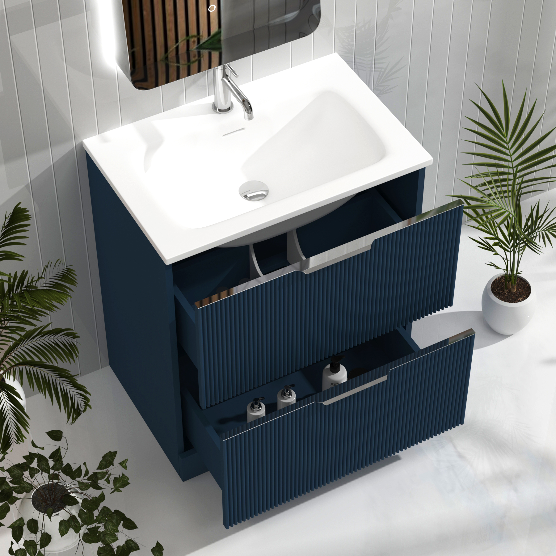Evora 700mm Midnight Blue Fluted Floor Standing Vanity Unit 2 Drawer with Matt Stone Basin