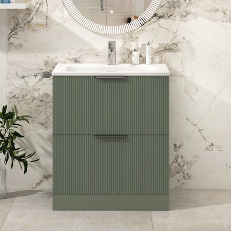 Evora Satin Green Fluted 2 Drawer Floor Standing Vanity Unit with Stone Basin