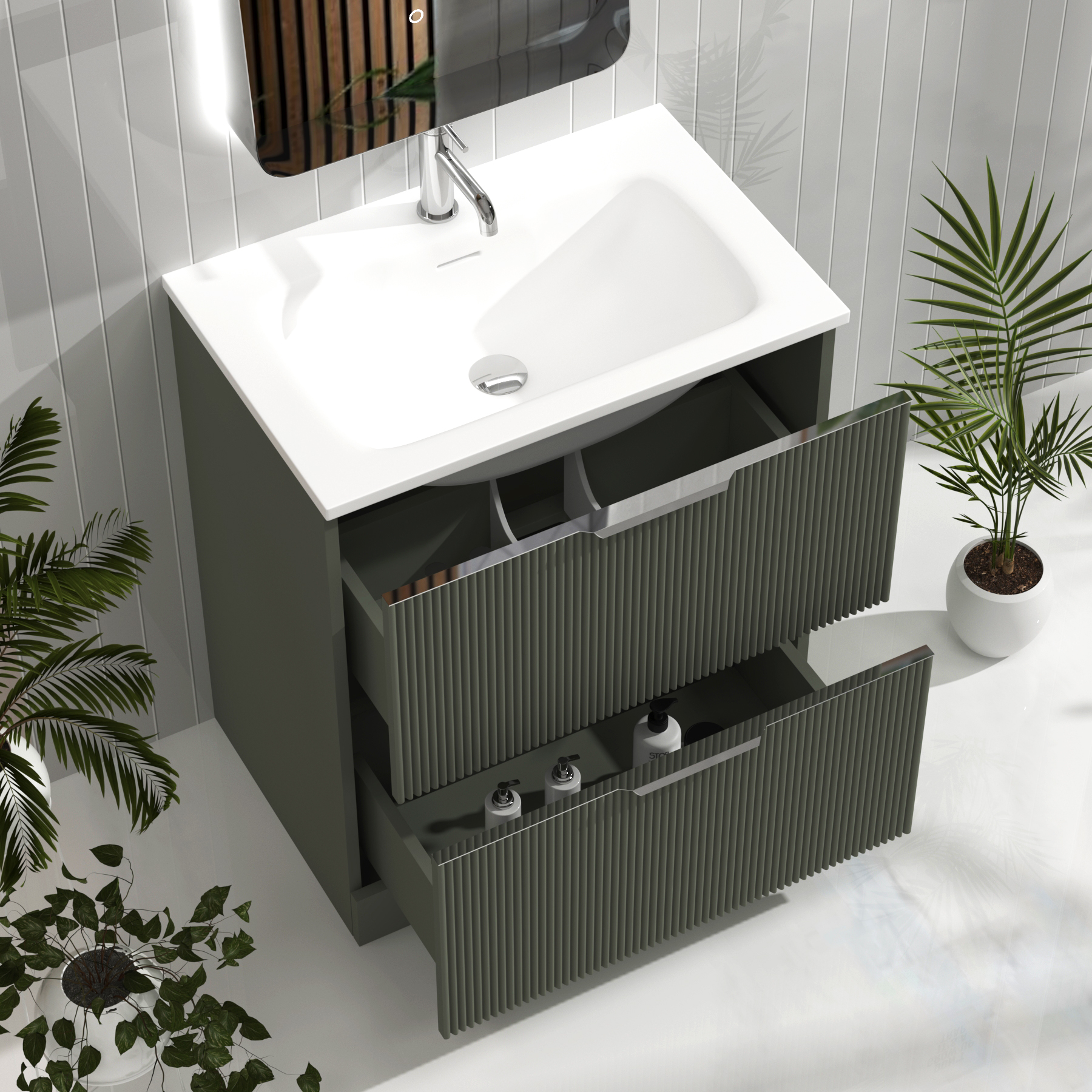 Evora 700mm Sage Green Fluted Floor Standing Vanity Unit 2 Drawer with Matt Stone Basin