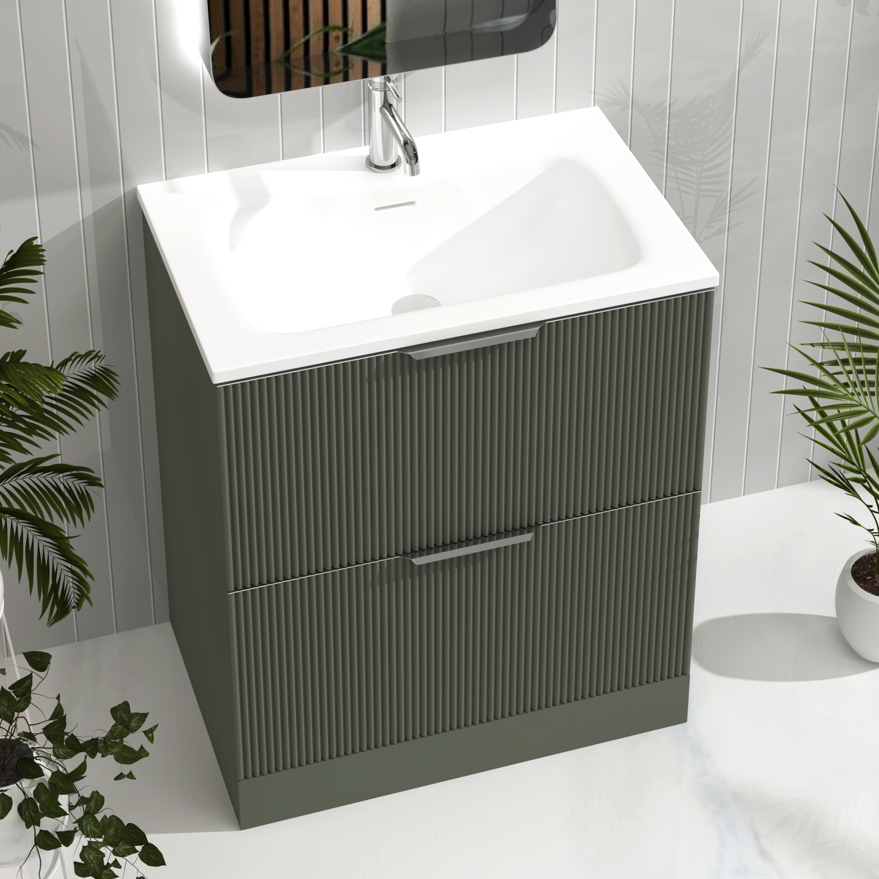 Evora 700mm Sage Green Fluted Floor Standing Vanity Unit 2 Drawer with Matt Stone Basin