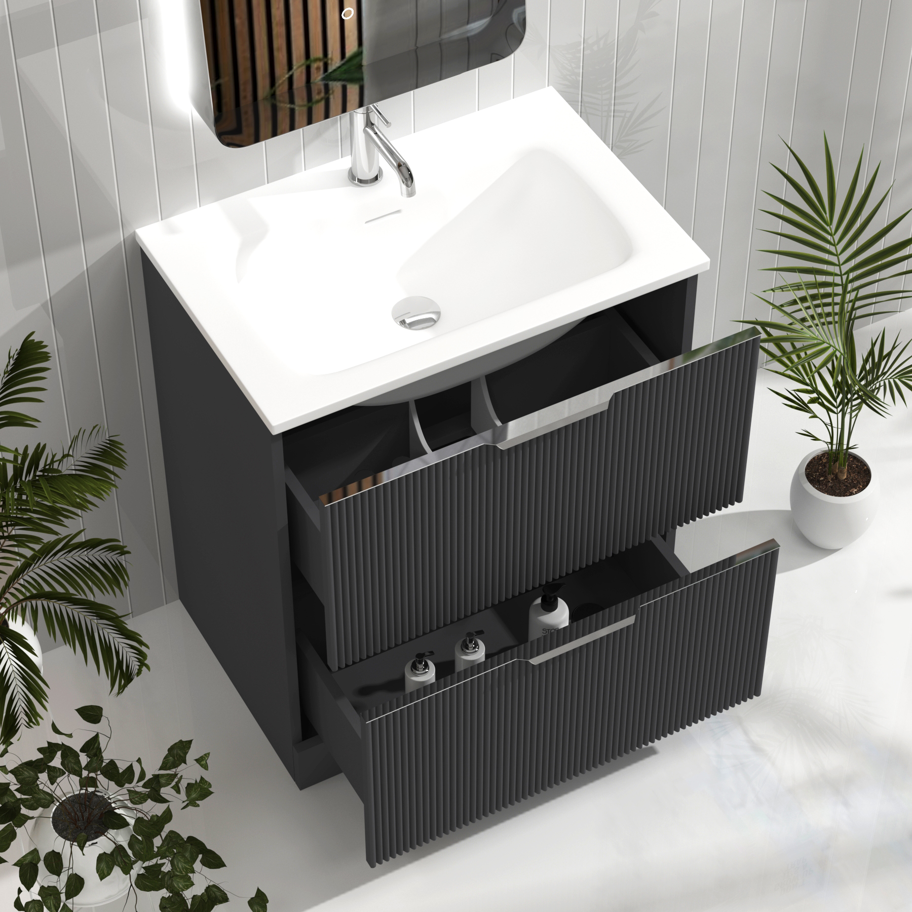 Evora 700mm Graphite Grey Fluted Floor Standing Vanity Unit 2 Drawer with Matt Stone Basin