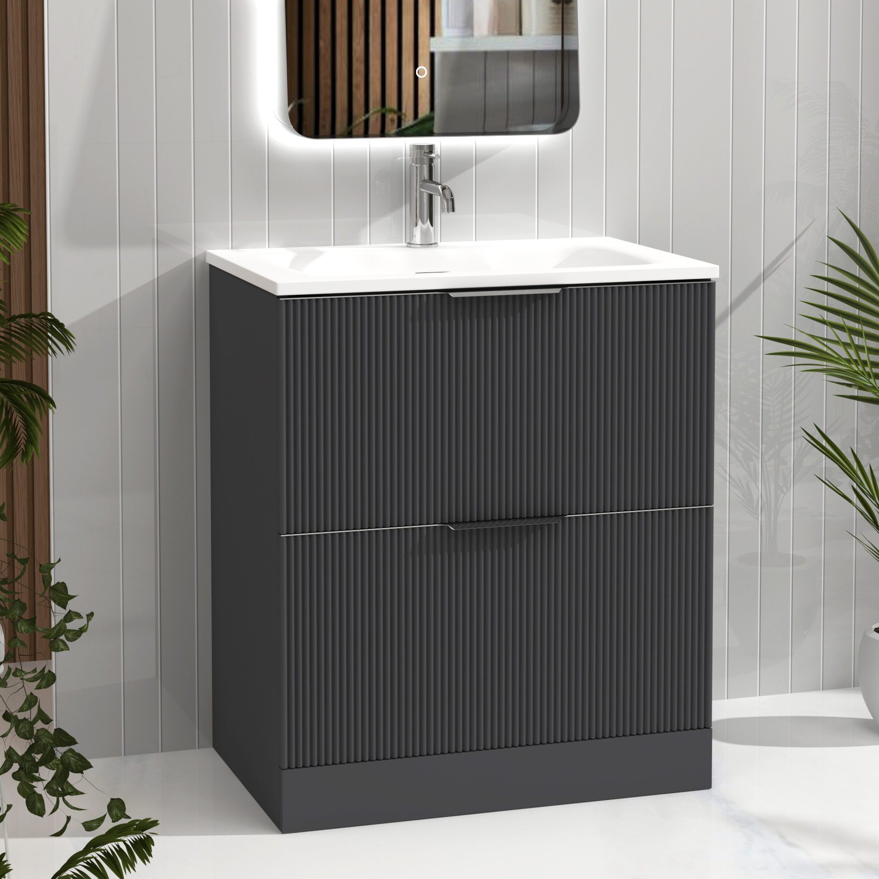 Evora 700mm Graphite Grey Fluted Floor Standing Vanity Unit 2 Drawer with Matt Stone Basin