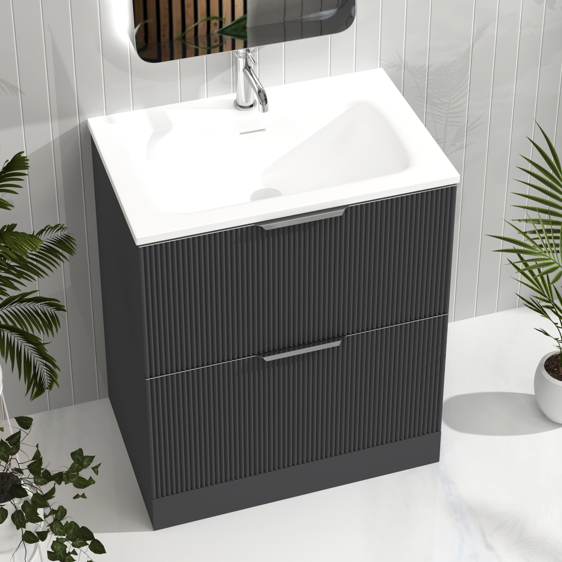 Evora 700mm Graphite Grey Fluted Floor Standing Vanity Unit 2 Drawer with Matt Stone Basin