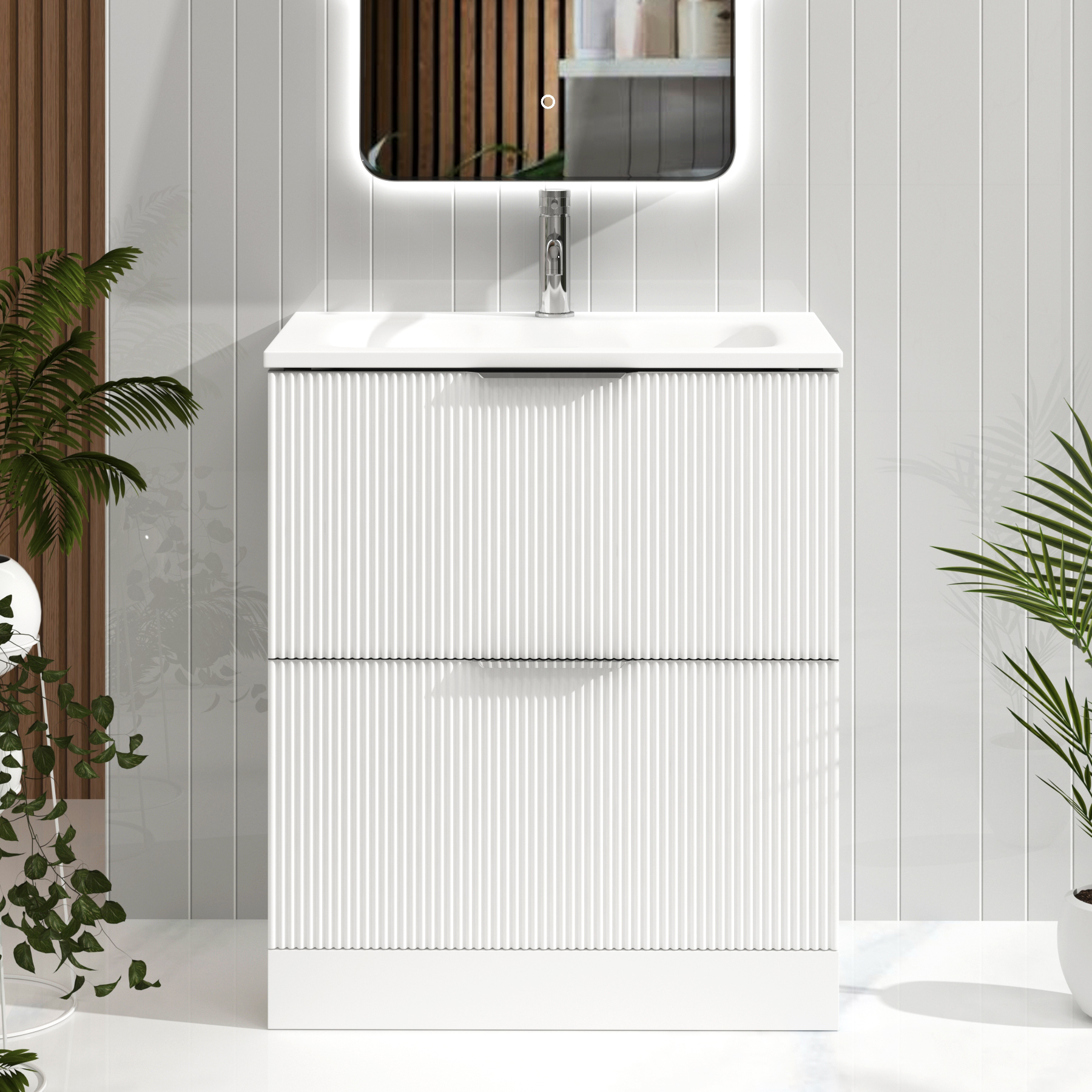 Evora 700mm Matt White Fluted Floor Standing Vanity Unit 2 Drawer with Matt Stone Basin