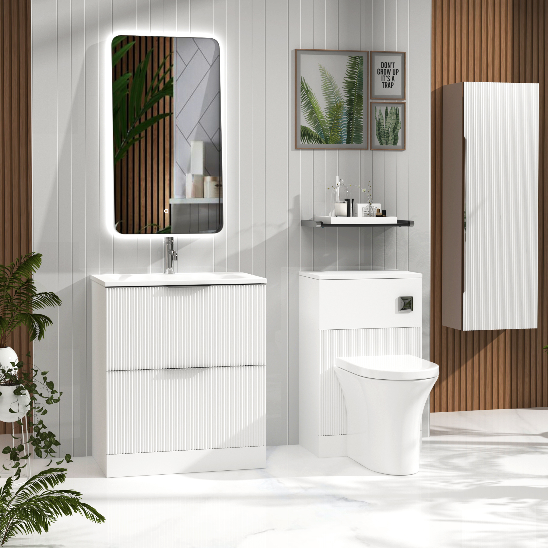 Evora Matt White Fluted Floor Standing Vanity Unit 2 Drawer with Matt Stone Basin - Multiple Size