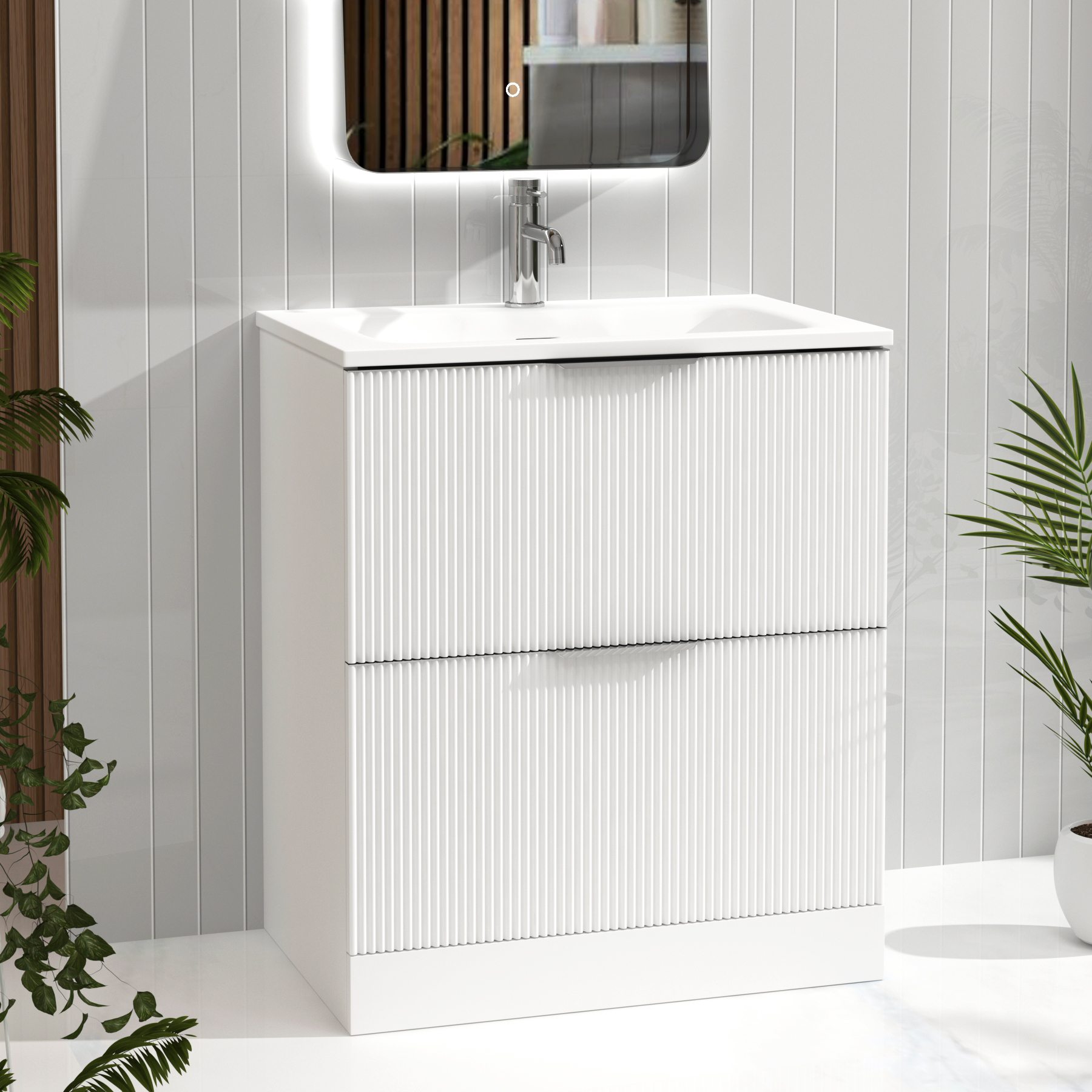 Evora Matt White Fluted Floor Standing Vanity Unit 2 Drawer with Matt Stone Basin - Multiple Size
