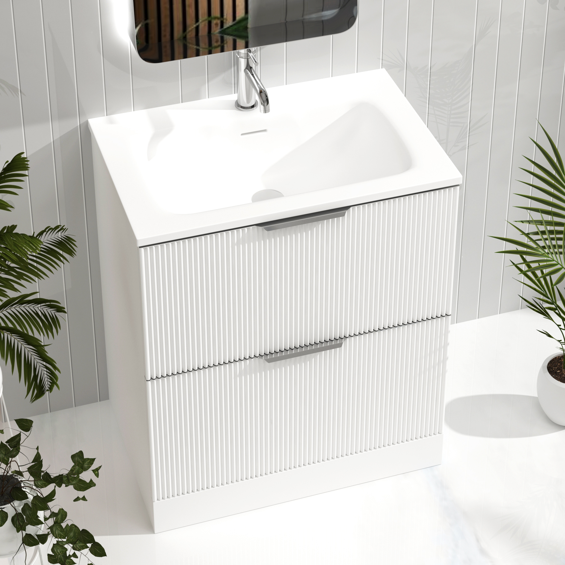 Evora Matt White Fluted Floor Standing Vanity Unit 2 Drawer with Matt Stone Basin - Multiple Size