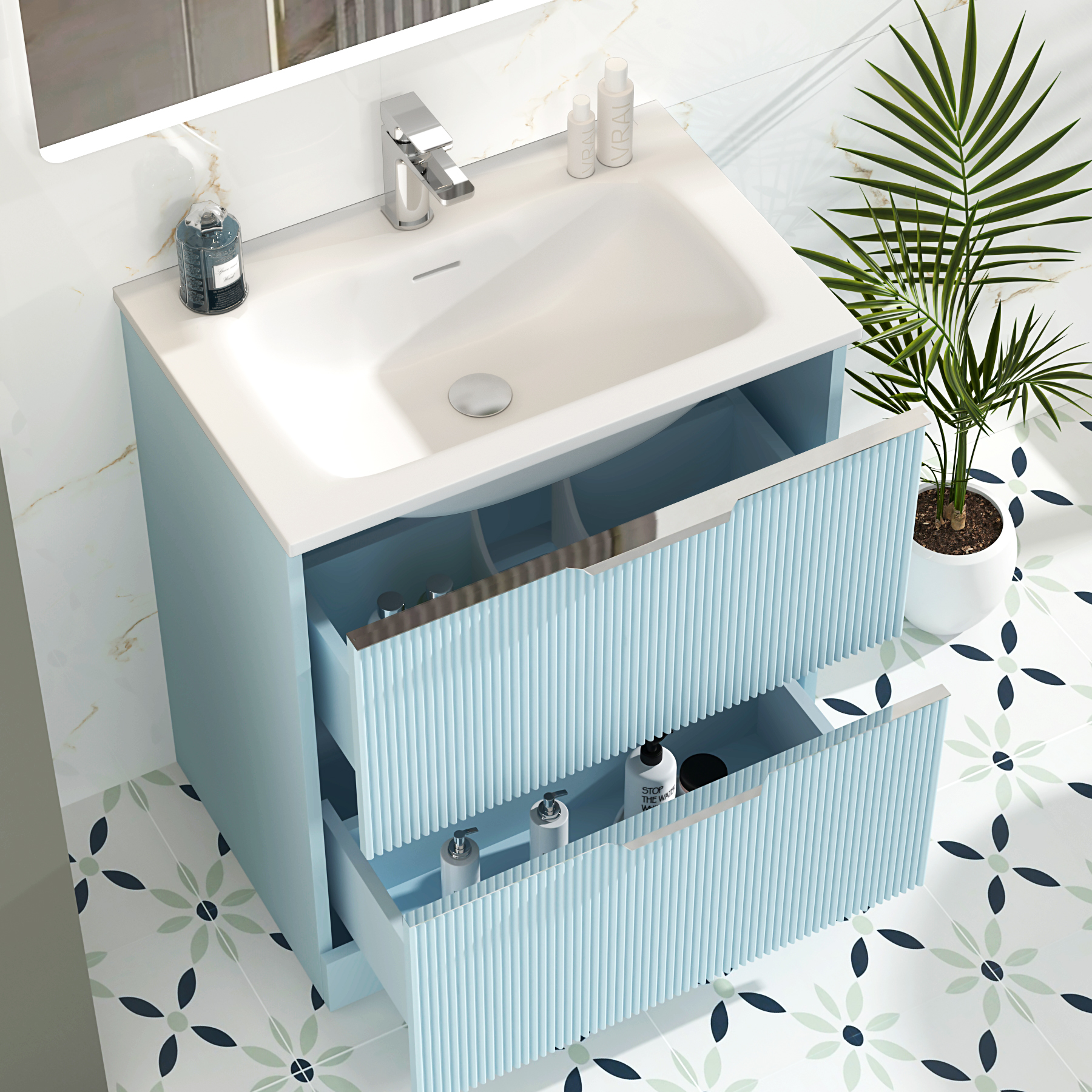 Evora 700mm Powder Blue Fluted Floor Standing Vanity Unit 2 Drawer with Matt Stone Basin