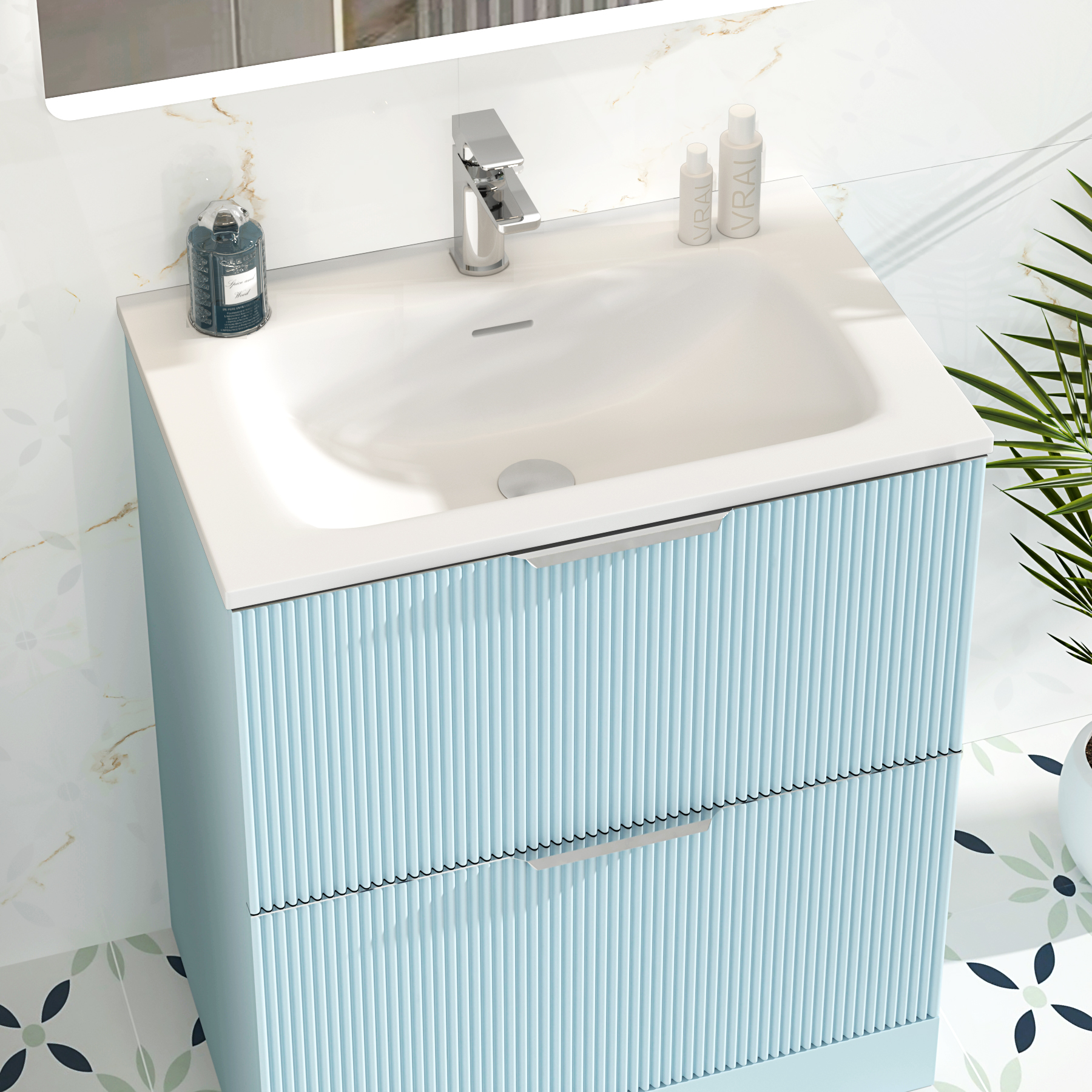Evora 700mm Powder Blue Fluted Floor Standing Vanity Unit 2 Drawer with Matt Stone Basin