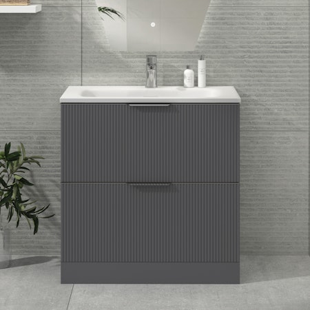 Evora 800mm Satin Grey Fluted Floor Standing Vanity Unit 2 Drawer with Undrilled Stone Basin