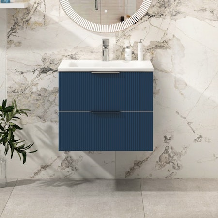 Evora 600mm Satin Blue Fluted Wall Hung Vanity Unit 2 Drawer with Undrilled Stone Basin