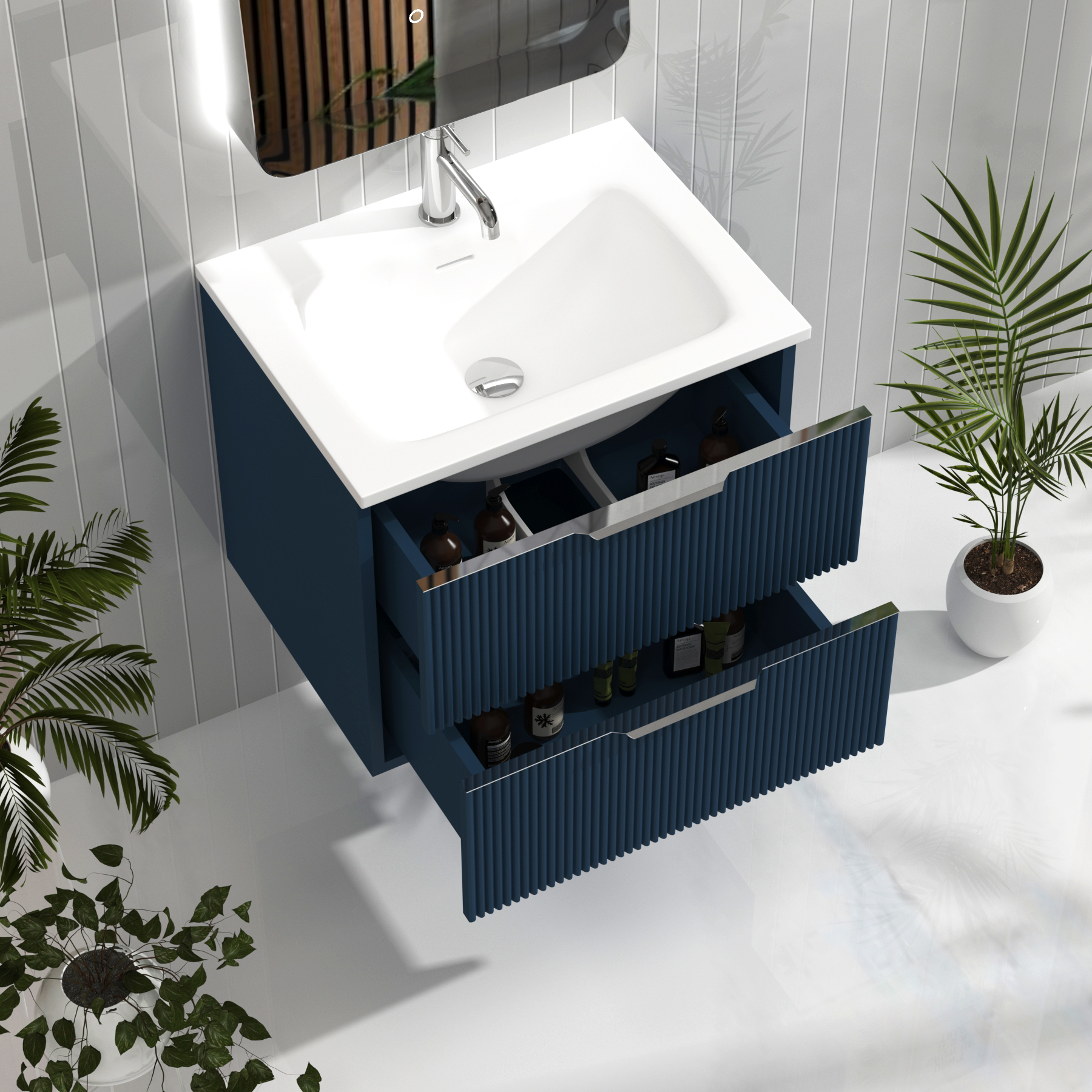 Evora Midnight Blue Fluted Wall Hung Vanity Unit 2 Drawer with Matt Stone Basin - Multiple Size