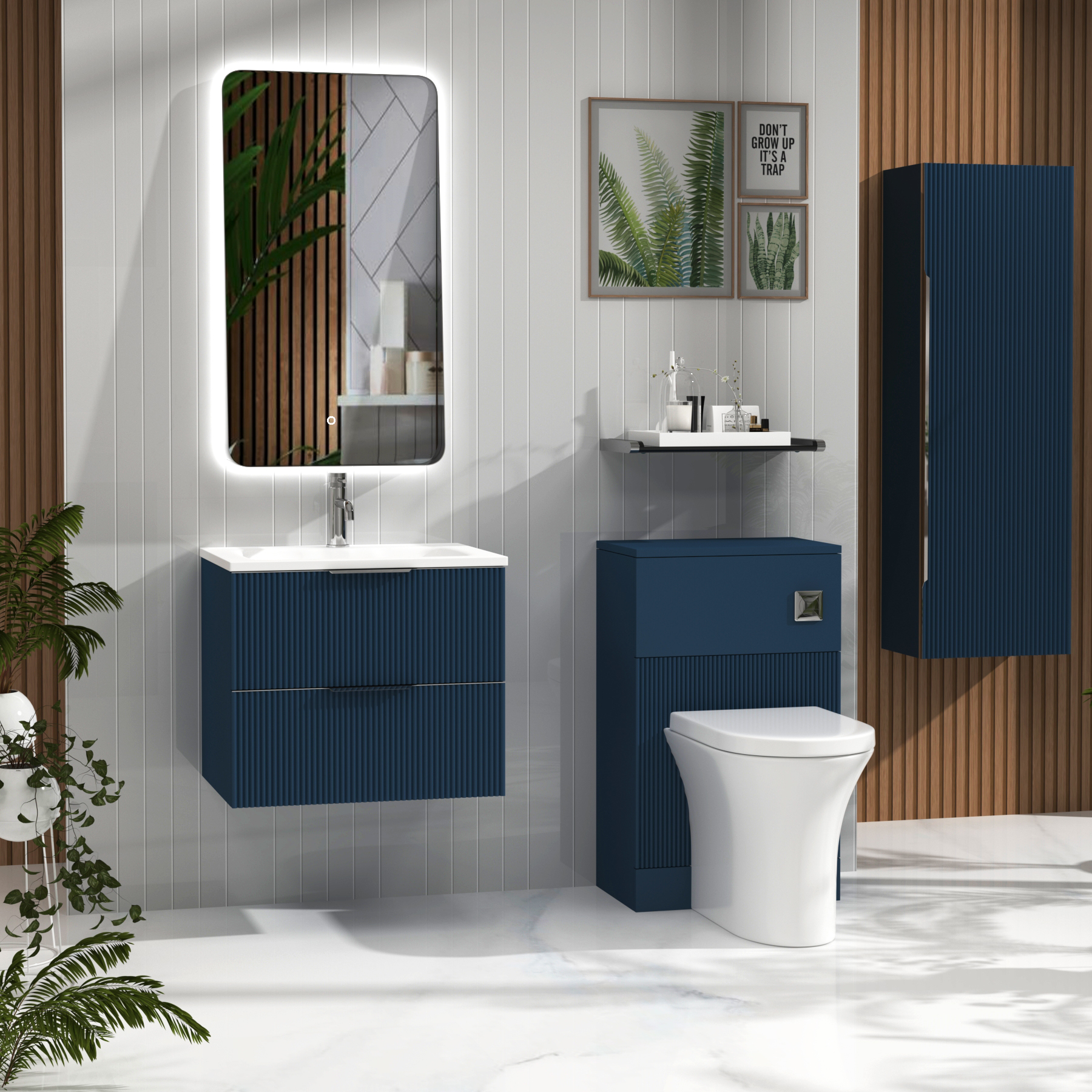 Evora Midnight Blue Fluted Wall Hung Vanity Unit 2 Drawer with Matt Stone Basin - Multiple Size