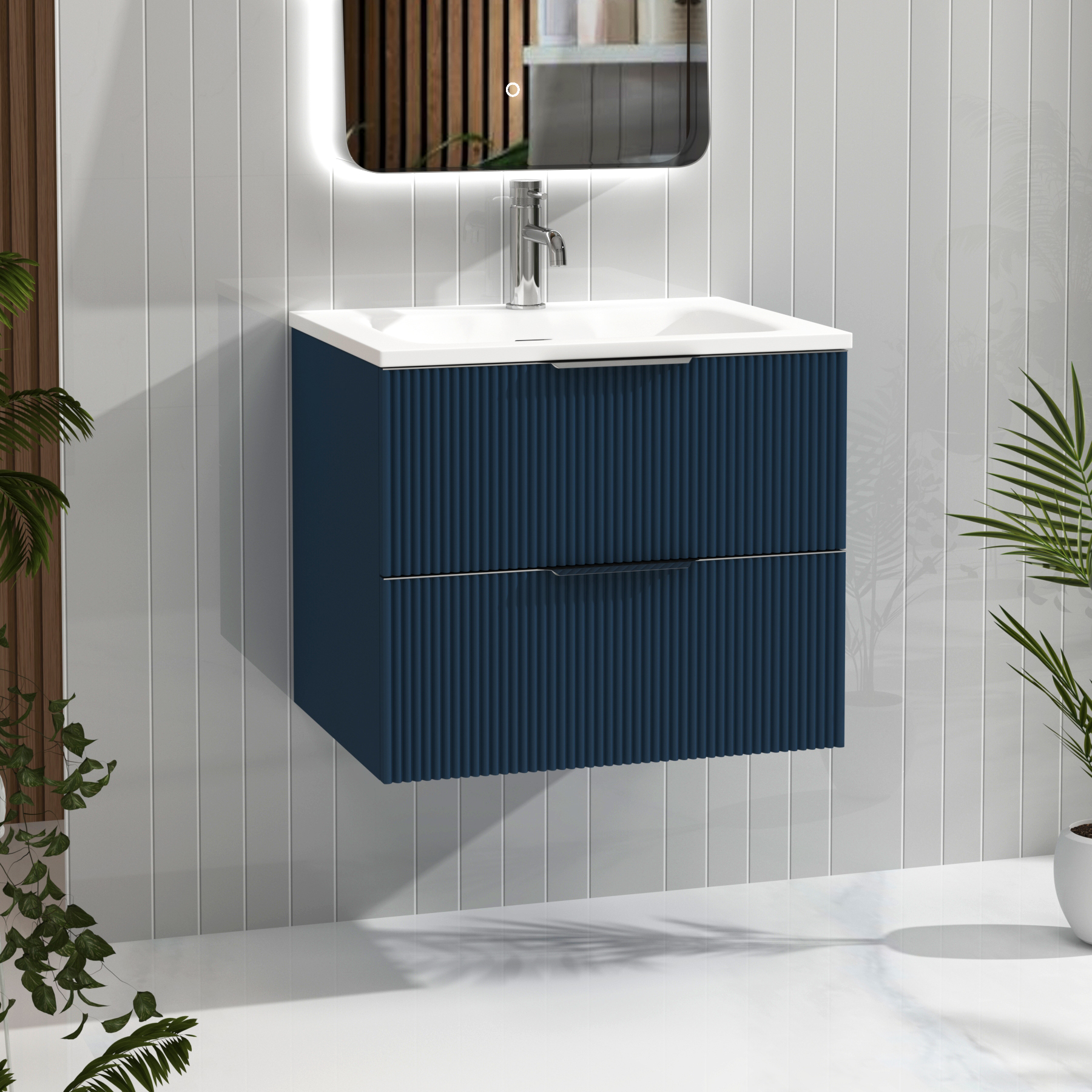 Evora Midnight Blue Fluted Wall Hung Vanity Unit 2 Drawer with Matt Stone Basin - Multiple Size