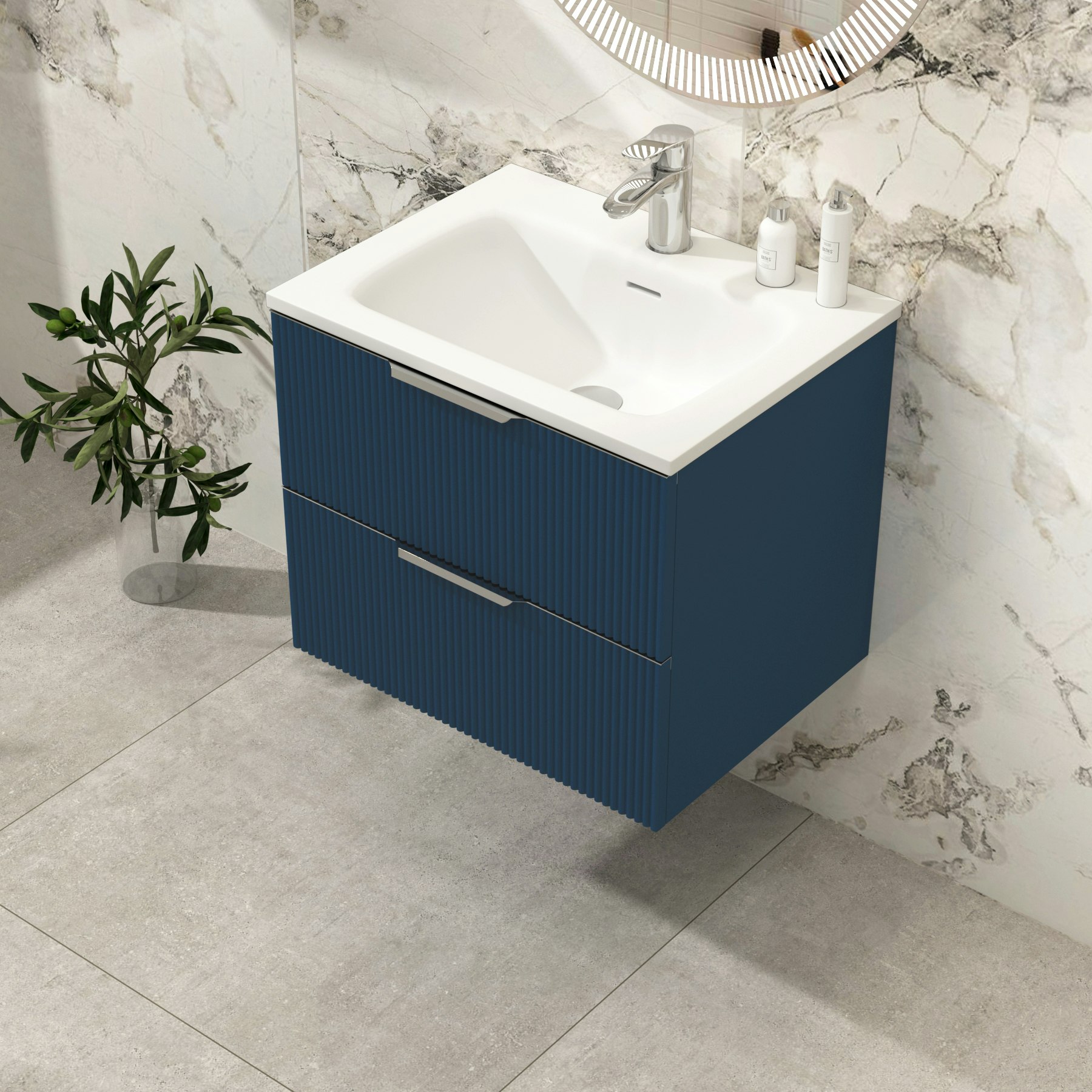 Evora Satin Blue Fluted Wall Hung Vanity Unit 2 Drawer with Stone Basin - Multiple Size