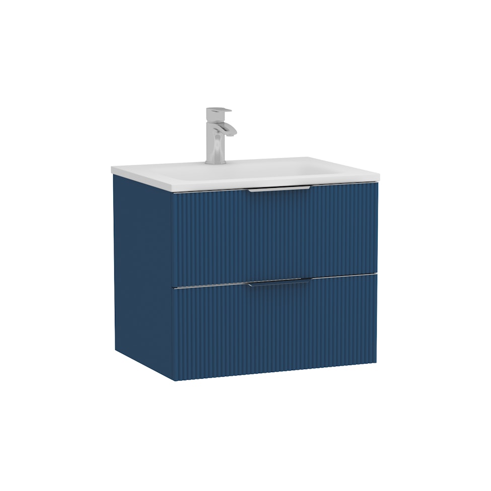 Evora Satin Blue Fluted Wall Hung Vanity Unit 2 Drawer with Stone Basin - Multiple Size
