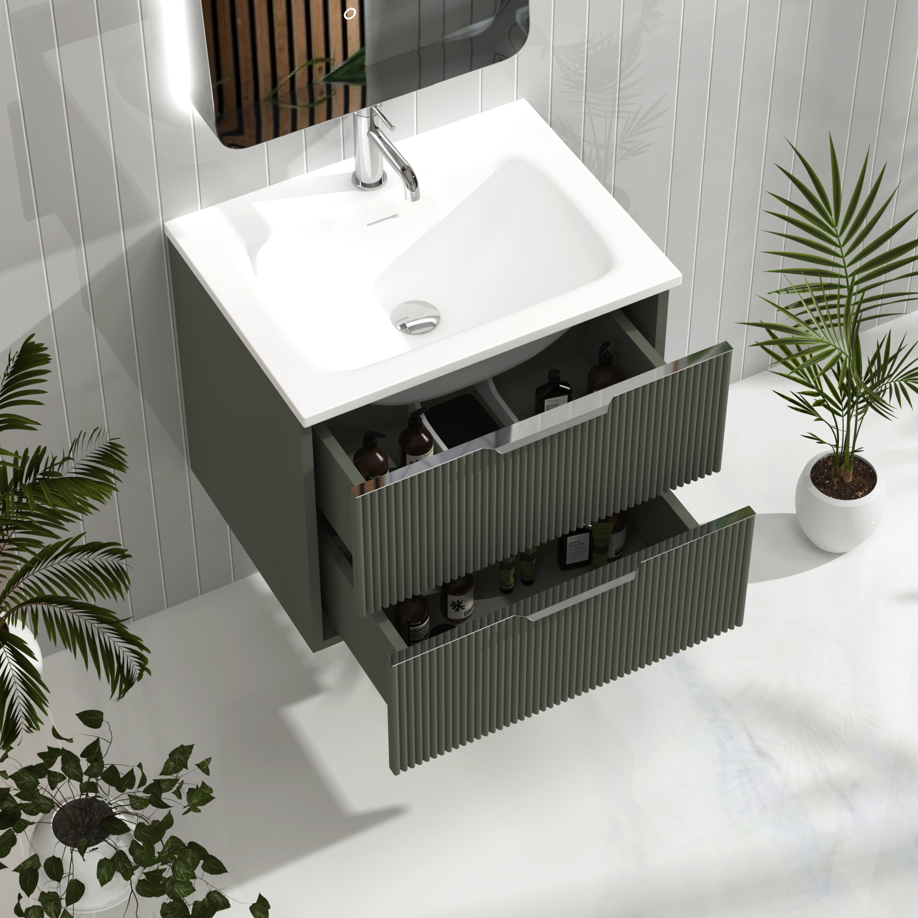 Evora Sage Green Fluted 2 Drawer Wall Hung Vanity Unit with Matt Stone Basin