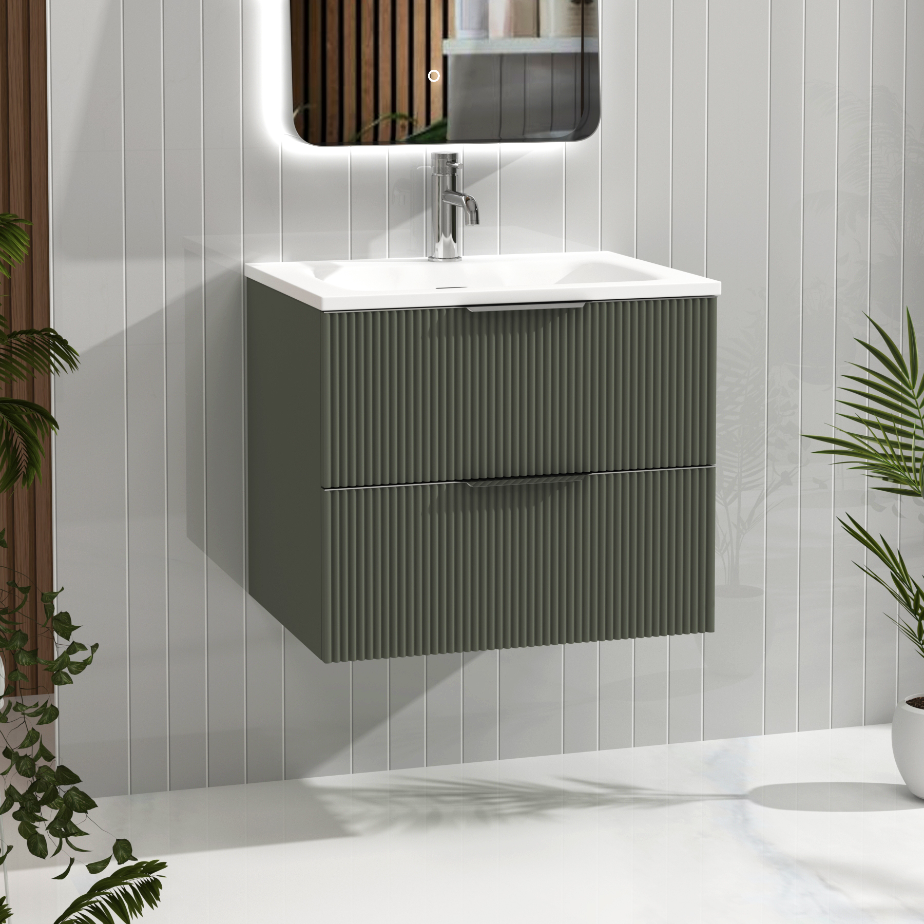Evora Sage Green Fluted 2 Drawer Wall Hung Vanity Unit with Matt Stone Basin