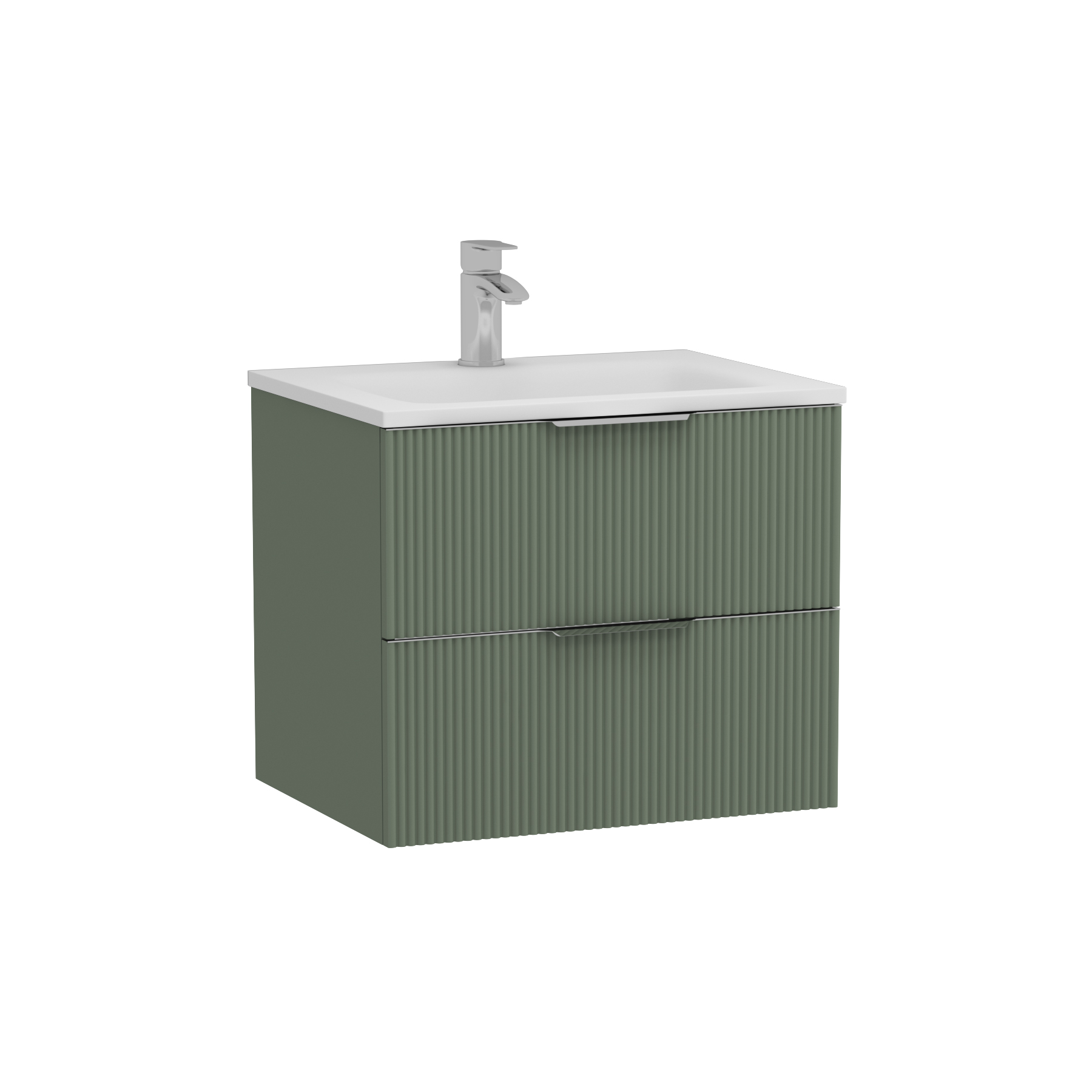 Evora Sage Green Fluted 2 Drawer Wall Hung Vanity Unit with Matt Stone Basin