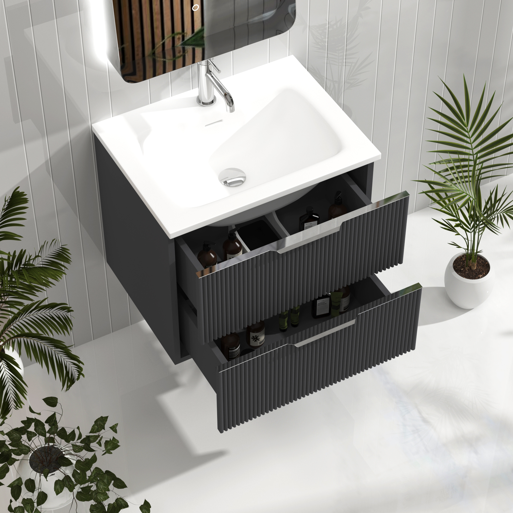 Evora Graphite Grey Fluted Wall Hung Vanity Unit 2 Drawer with Matt Stone Basin - Multiple Size