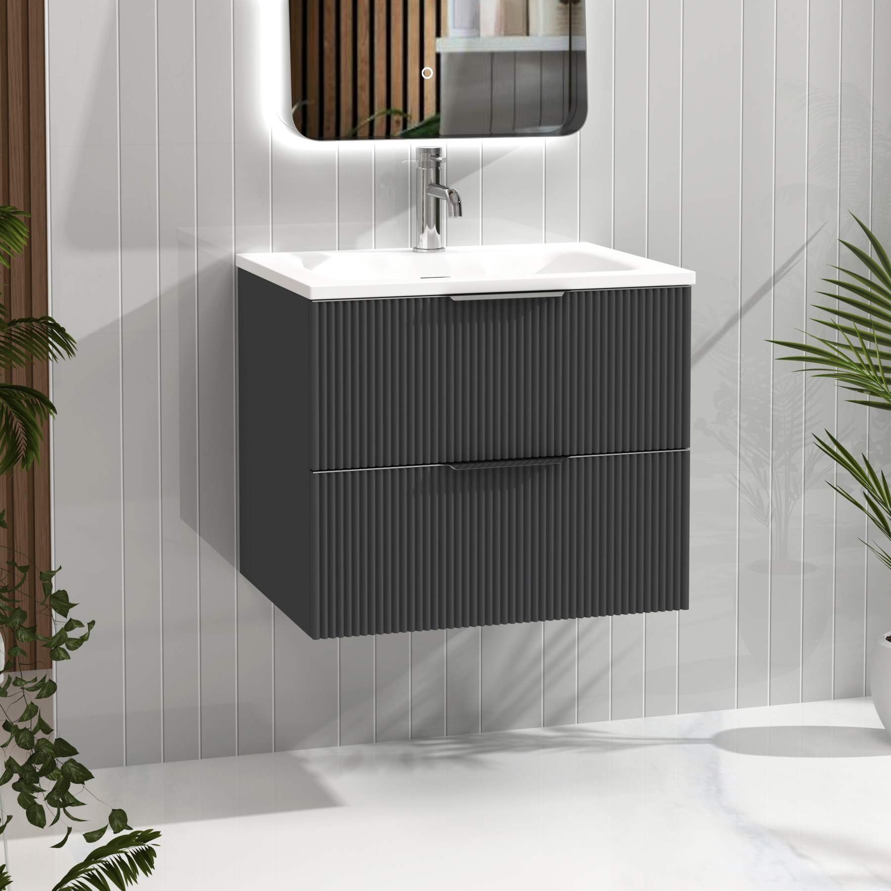 Evora Graphite Grey Fluted Wall Hung Vanity Unit 2 Drawer with Matt Stone Basin - Multiple Size