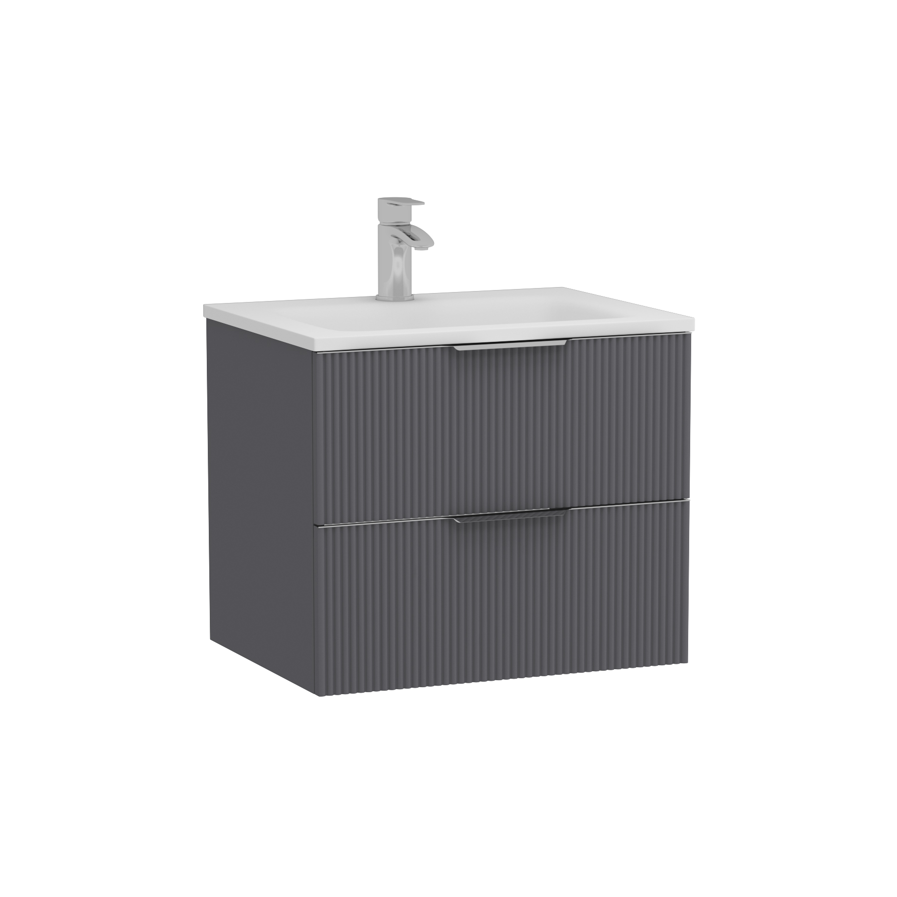 Evora Graphite Grey Fluted Wall Hung Vanity Unit 2 Drawer with Matt Stone Basin - Multiple Size