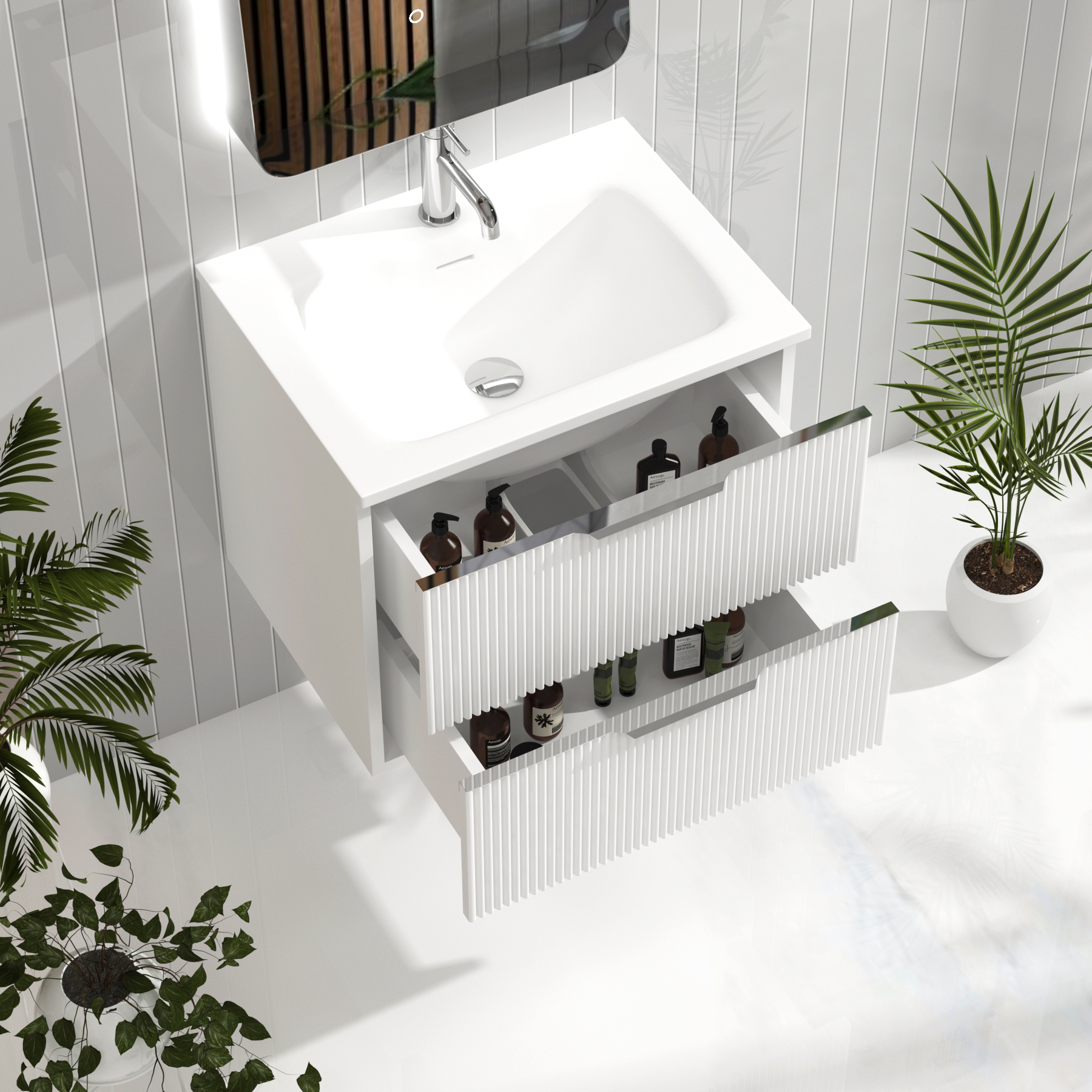 Evora Matt White Fluted Wall Hung Vanity Unit 2 Drawer with Matt Stone Basin - Multiple Size