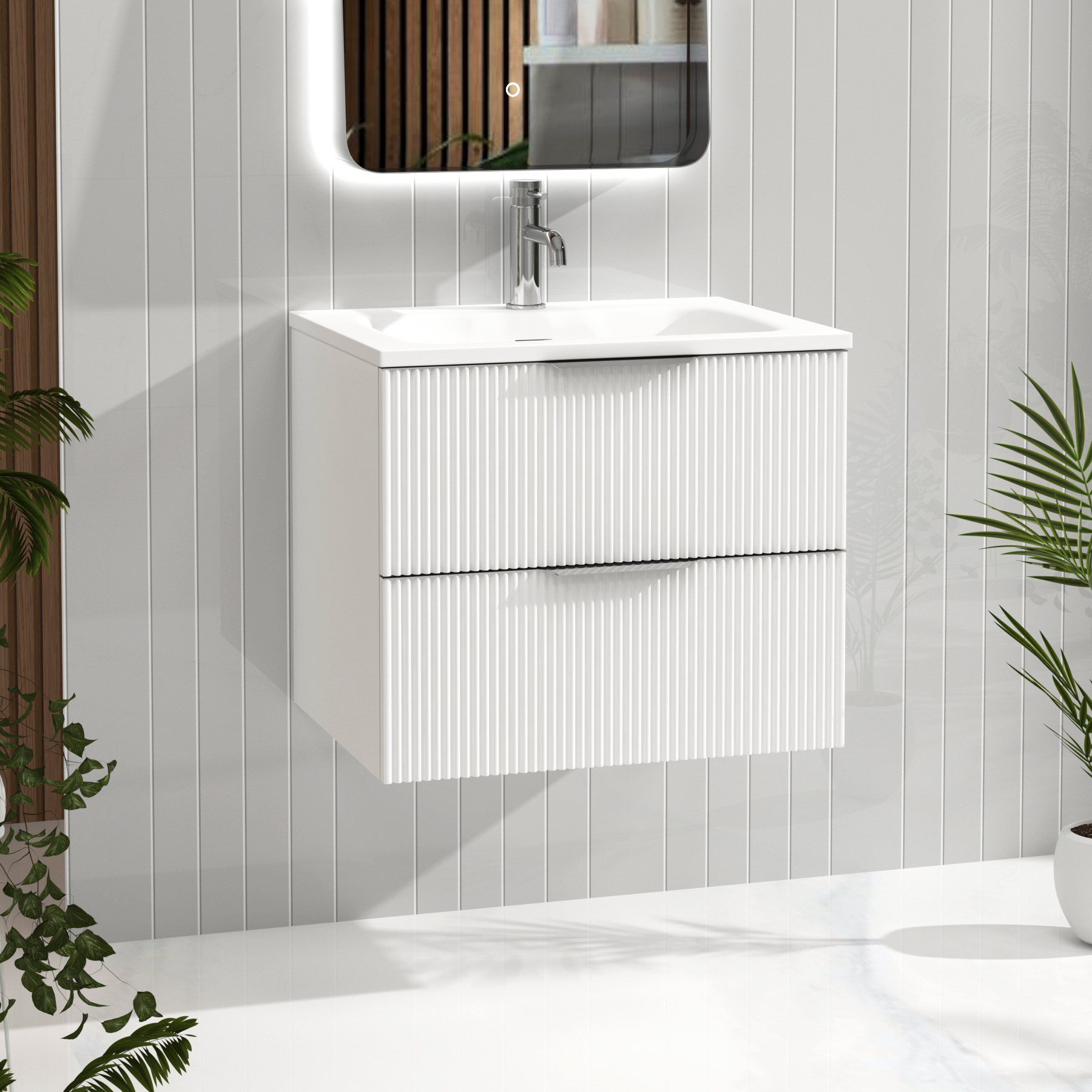 Evora Matt White Fluted Wall Hung Vanity Unit 2 Drawer with Matt Stone Basin - Multiple Size