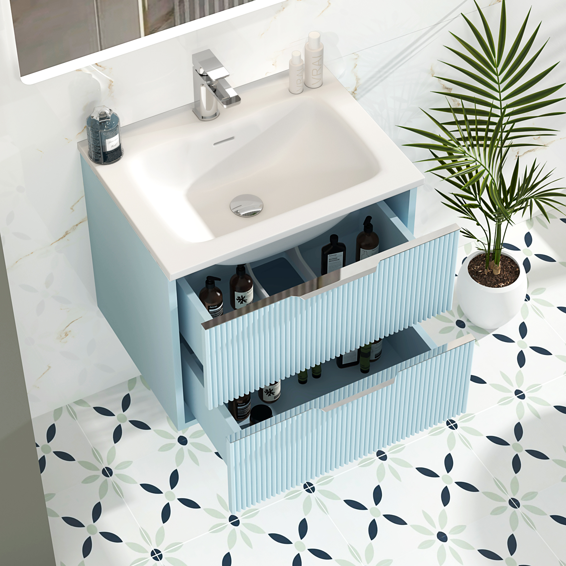 Evora Powder Blue Fluted Wall Hung Vanity Unit 2 Drawer with Matt Stone Basin - Multiple Size