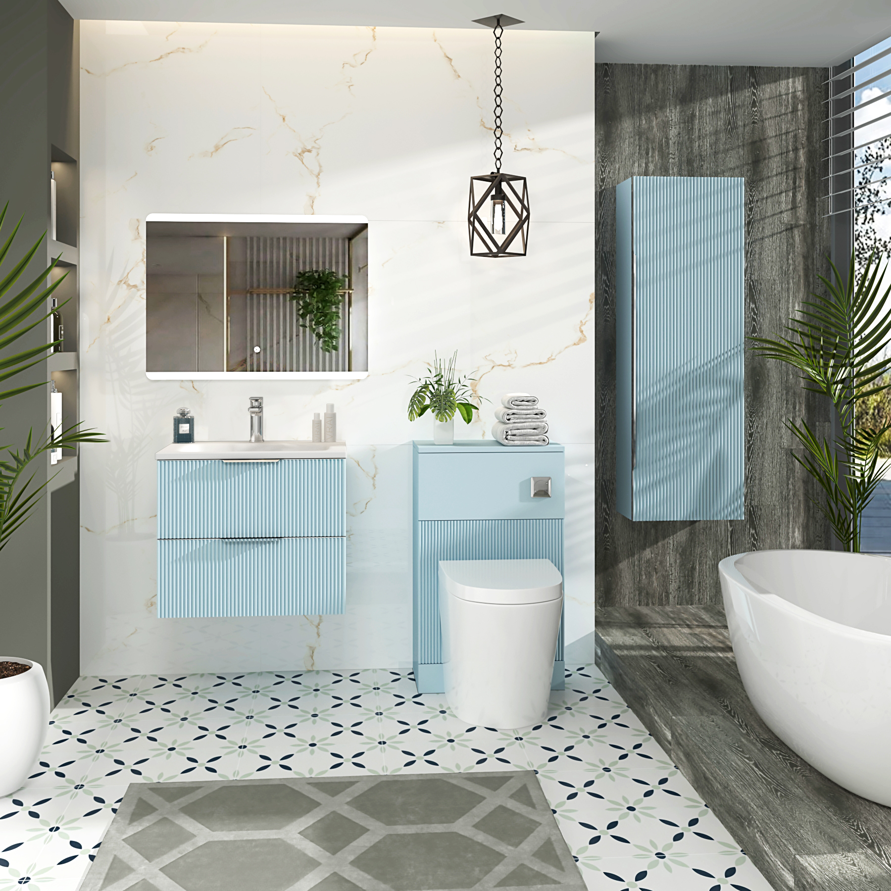 Evora Powder Blue Fluted Wall Hung Vanity Unit 2 Drawer with Matt Stone Basin - Multiple Size