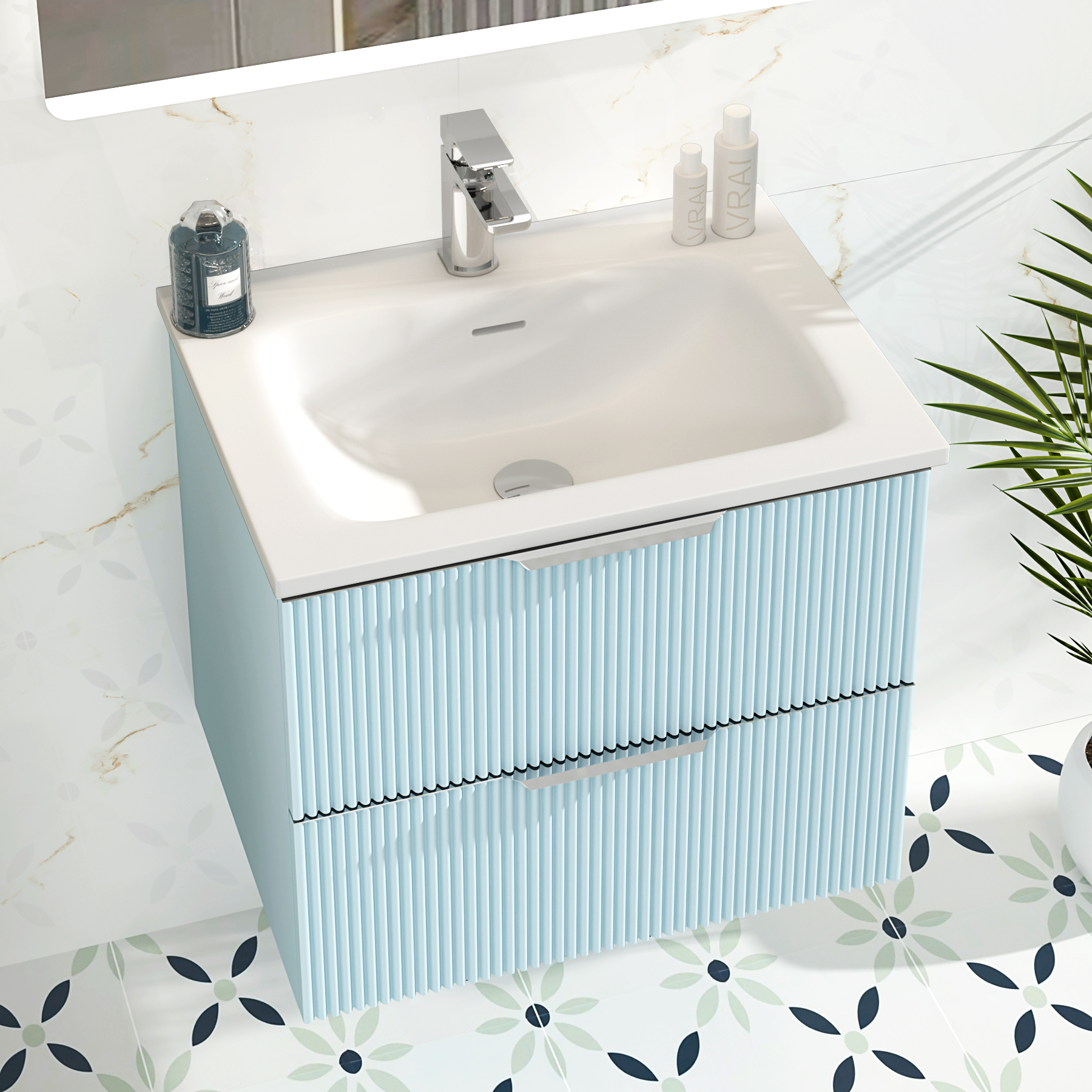 Evora Powder Blue Fluted Wall Hung Vanity Unit 2 Drawer with Matt Stone Basin - Multiple Size