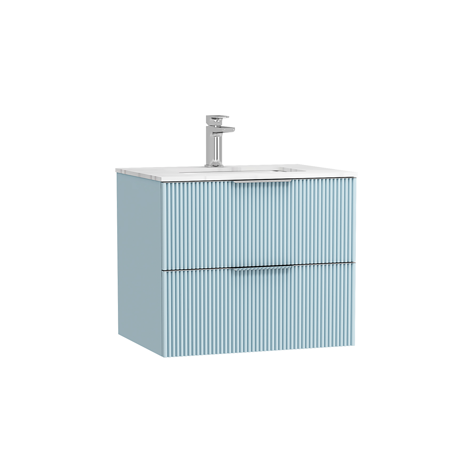 Evora Powder Blue Fluted Wall Hung Vanity Unit 2 Drawer with Matt Stone Basin - Multiple Size
