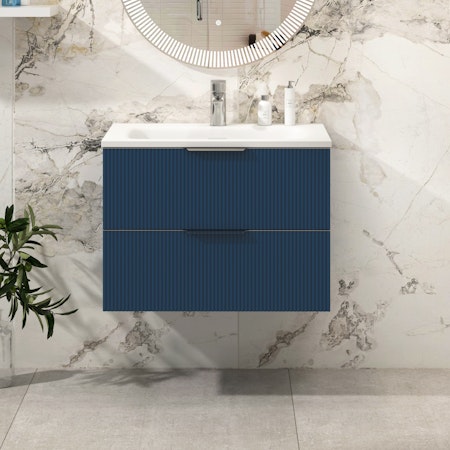 Evora Satin Blue Fluted 2 Drawer Wall Hung Vanity Unit with Stone Basin