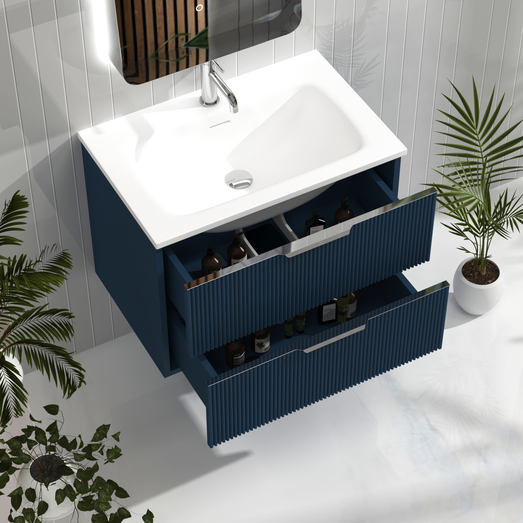 Evora Midnight Blue Fluted Wall Hung Vanity Unit 2 Drawer with Matt Stone Basin - Multiple Size
