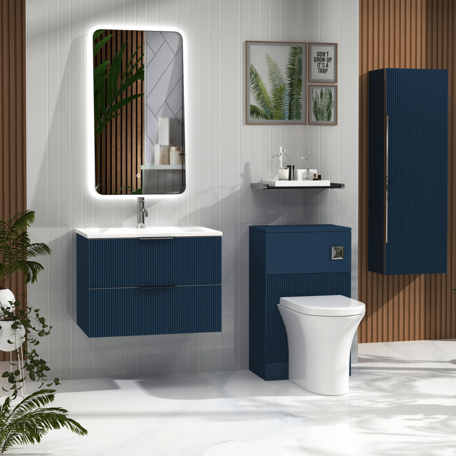 Evora Midnight Blue Fluted Wall Hung Vanity Unit 2 Drawer with Matt Stone Basin - Multiple Size